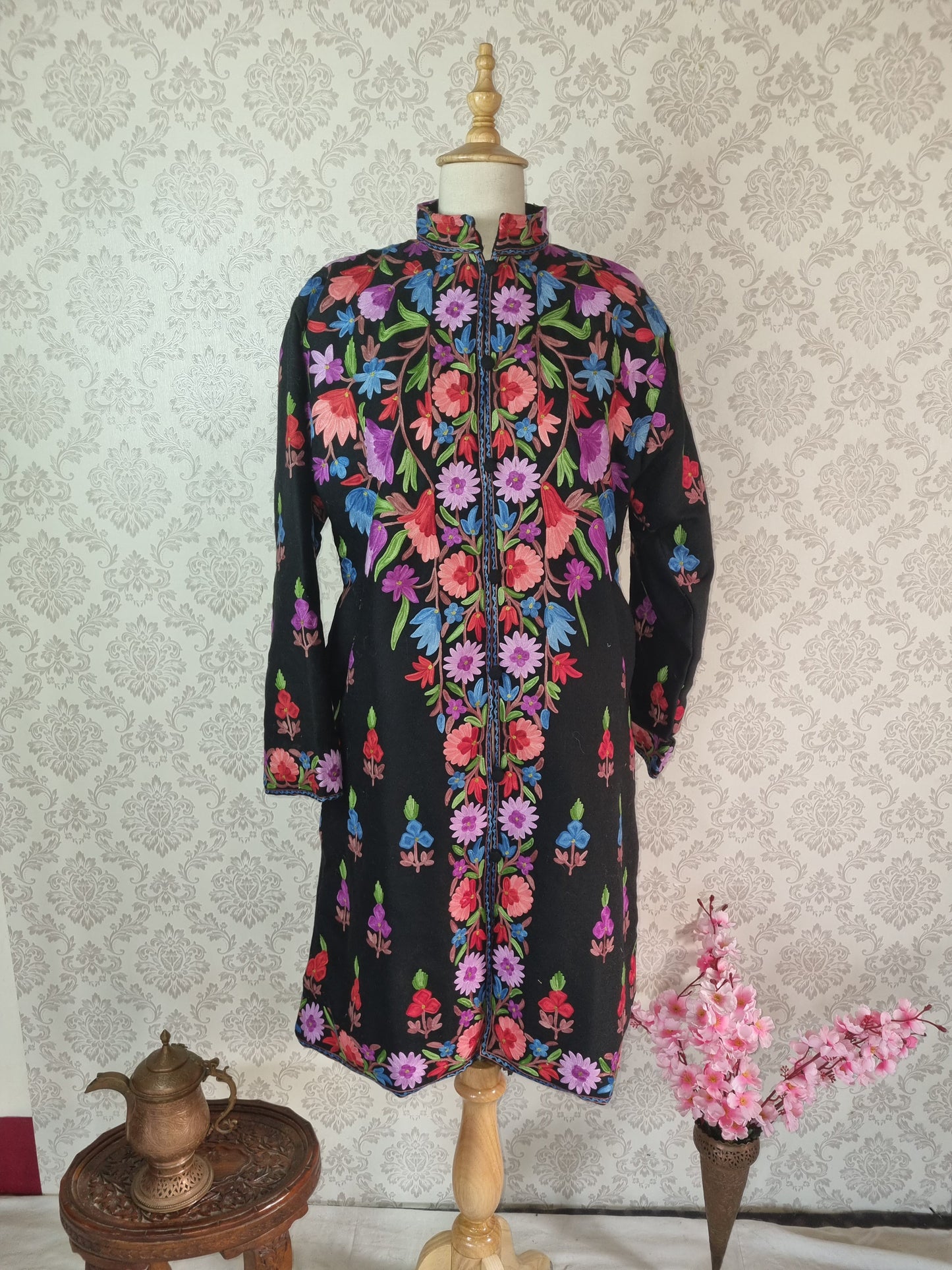 Vibrant V-Shaped Embroidered Kashmiri Long Jacket - KashmKari