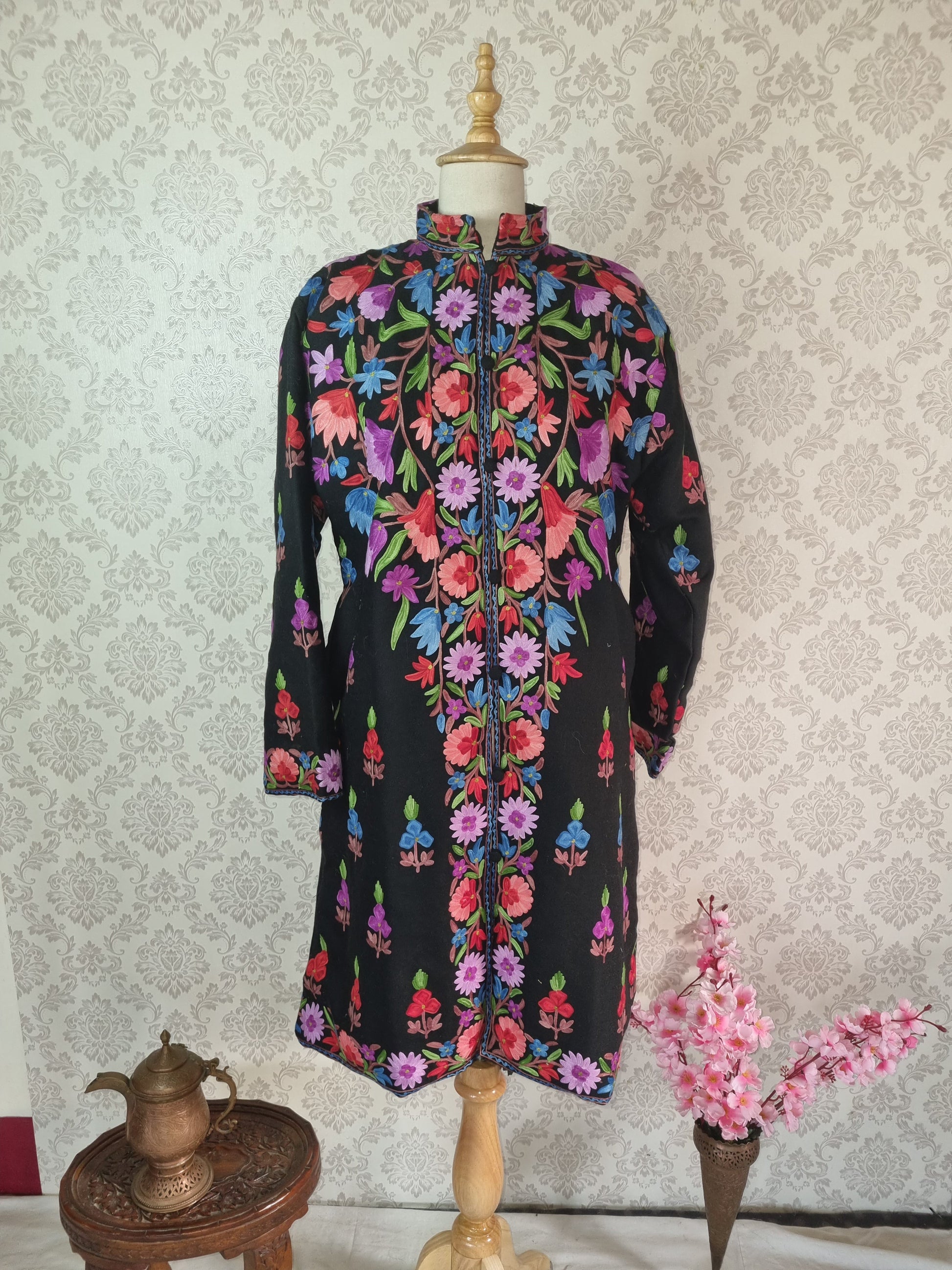 Vibrant V-Shaped Embroidered Kashmiri Long Jacket - KashmKari