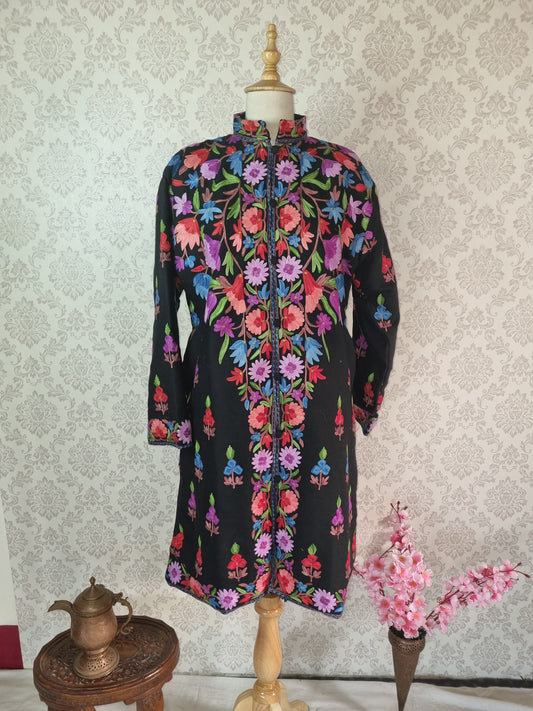 Vibrant V-Shaped Embroidered Kashmiri Long Jacket - KashmKari