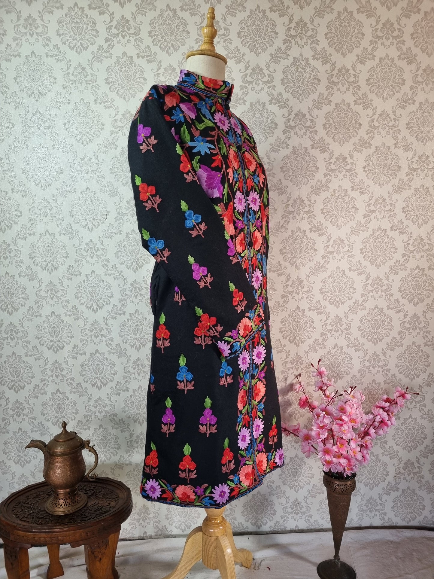 Vibrant V-Shaped Embroidered Kashmiri Long Jacket - KashmKari