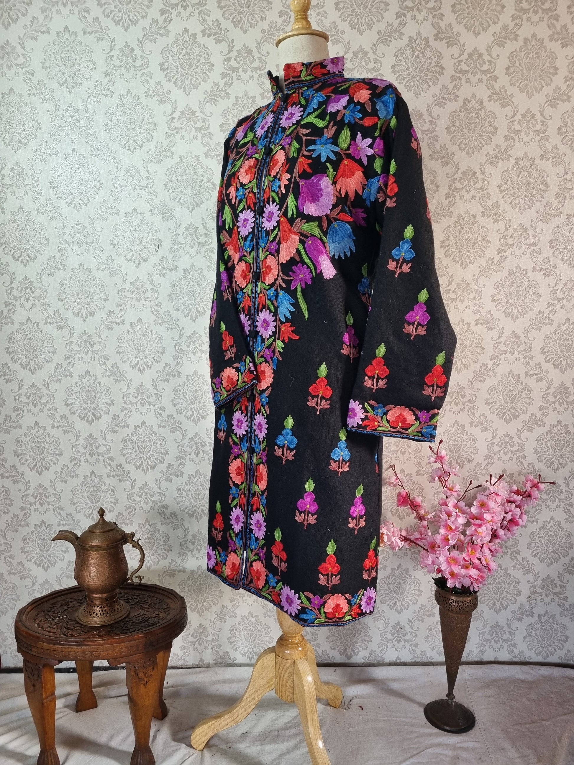 Vibrant V-Shaped Embroidered Kashmiri Long Jacket - KashmKari