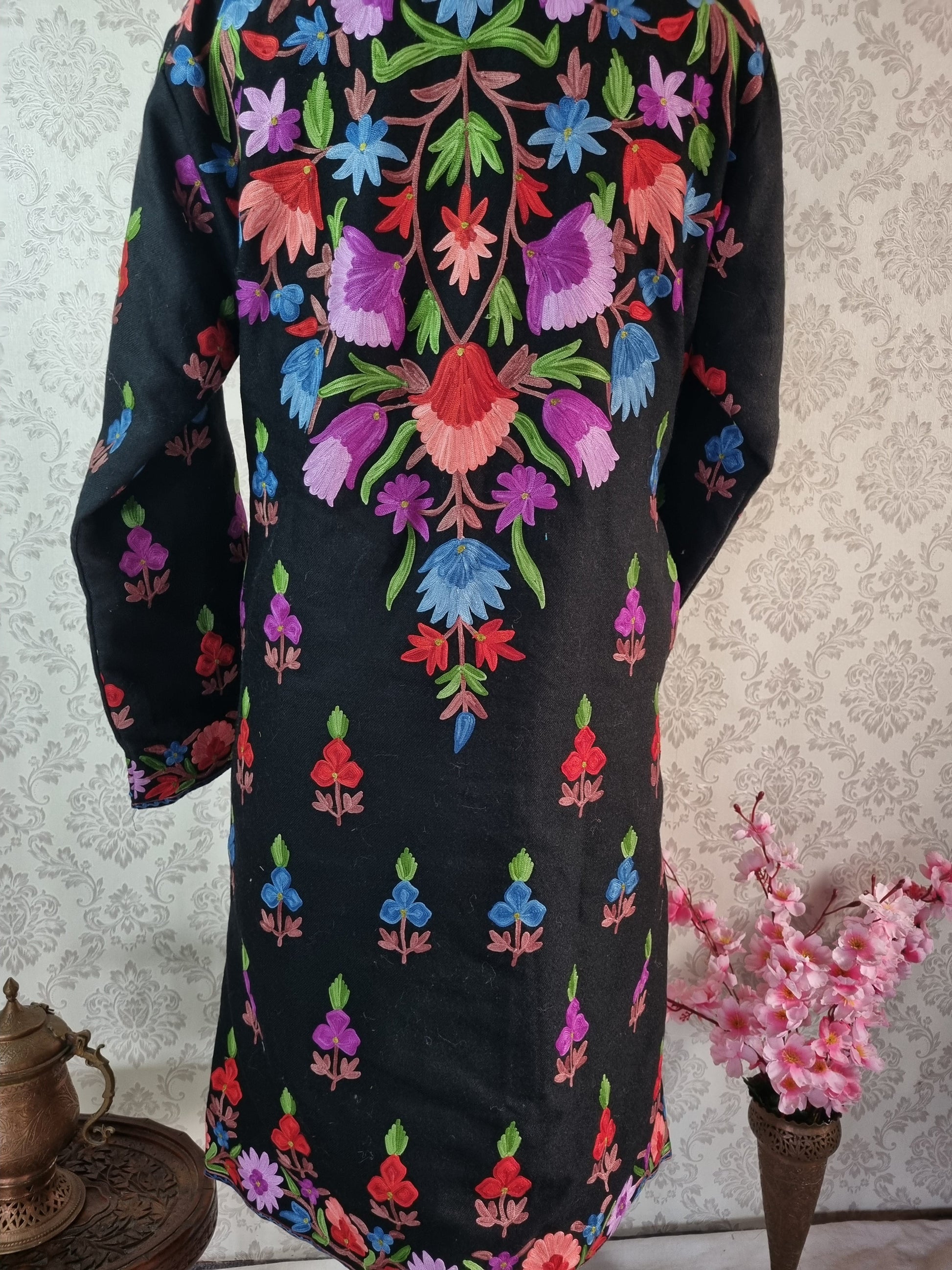 Vibrant V-Shaped Embroidered Kashmiri Long Jacket - KashmKari