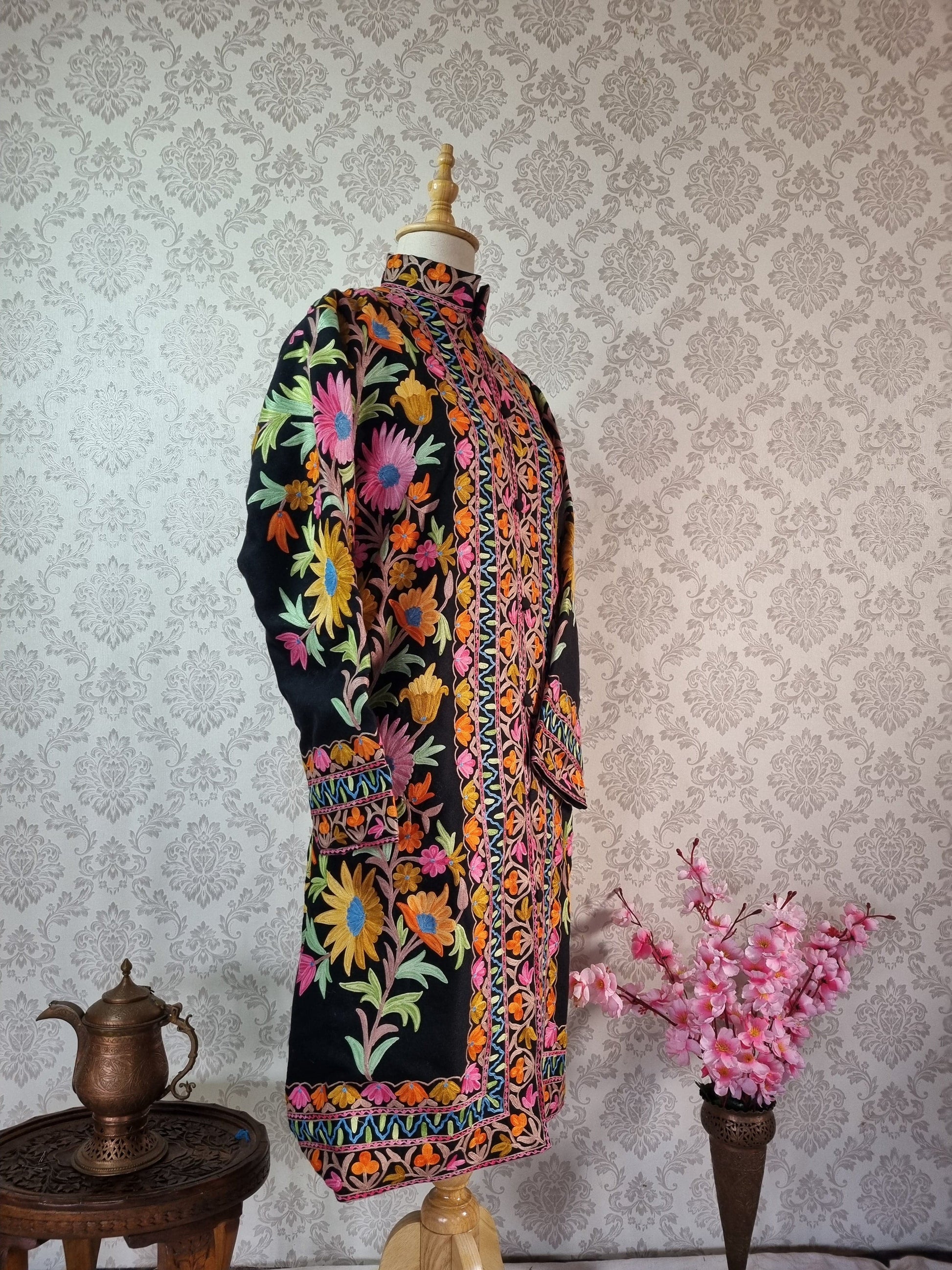 Exquisite Kashmiri Embroidery Floral Design Jacket with Elegant Border Detail - KashmKari