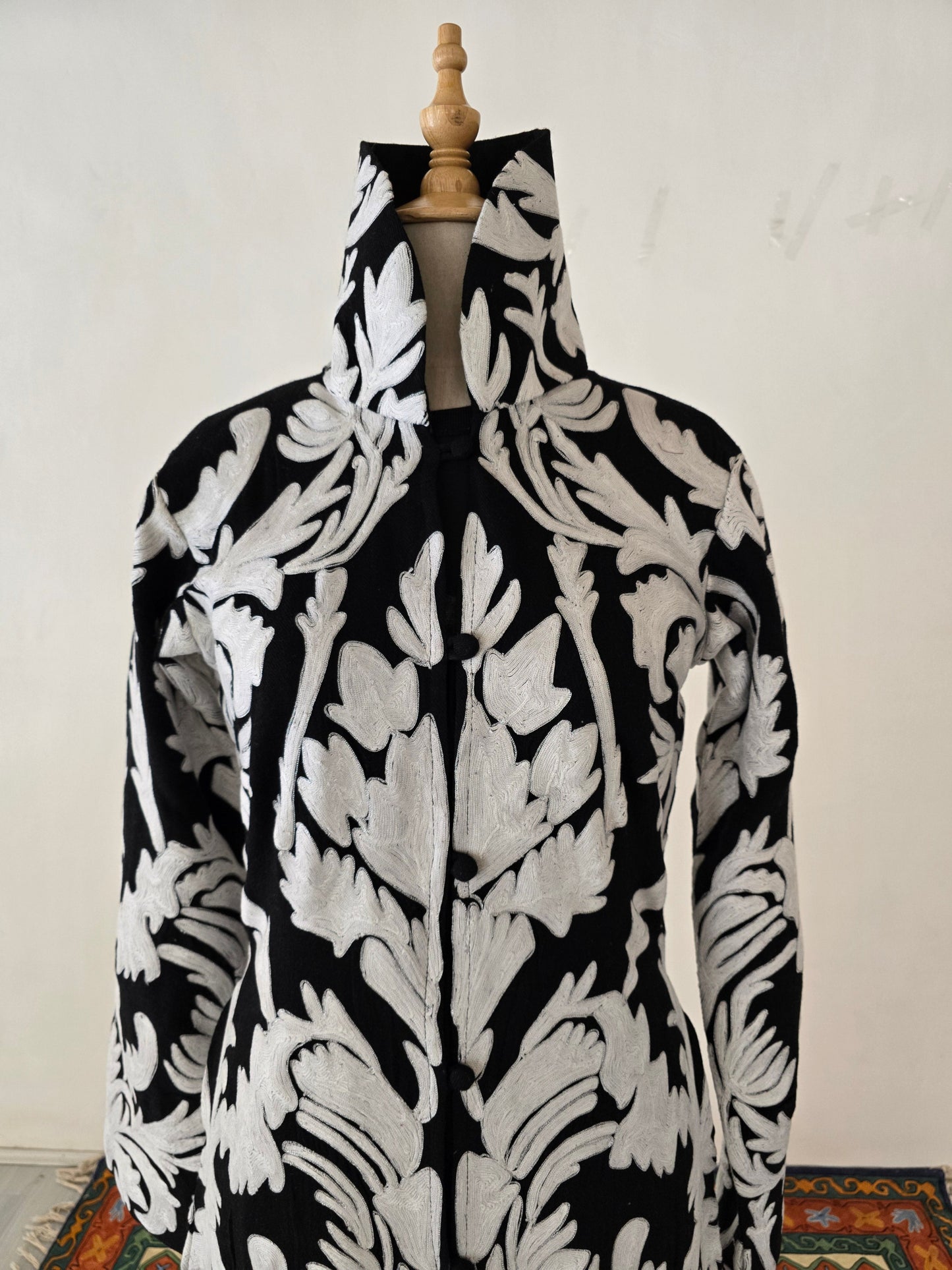 Black & White Grandeur Aari Embroidered Long Jacket