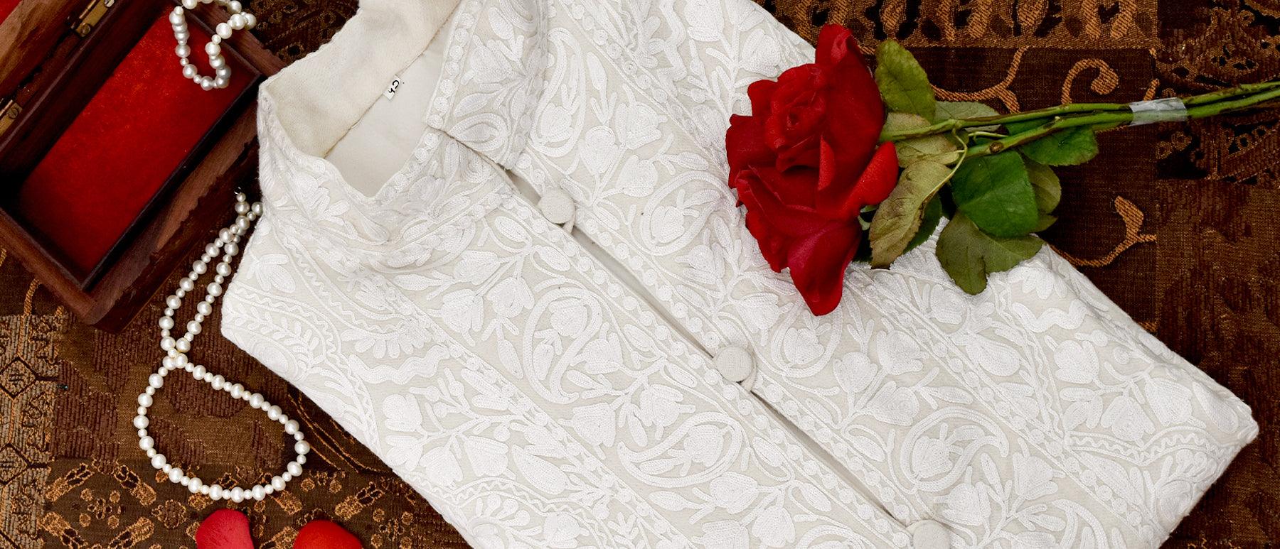 White Kashmiri Woolen Jacket with Aari Embroidery - KashmKari