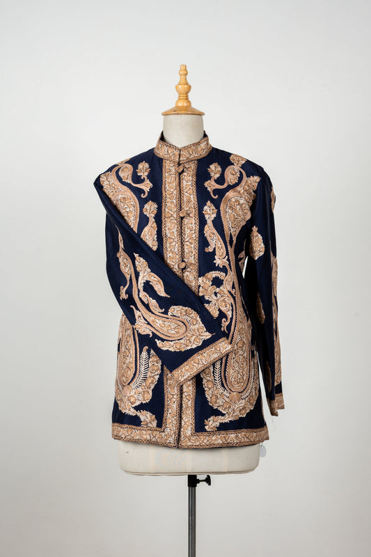 Shehenshah Navy Short Jacket – Pure Raw Silk with Hand Embroidered Paisleys