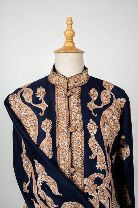 Shehenshah Navy Short Jacket – Pure Raw Silk with Hand Embroidered Paisleys