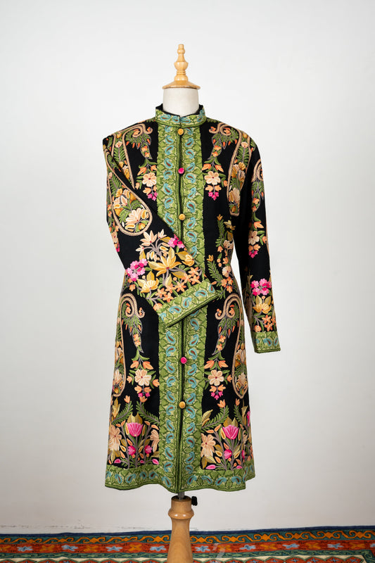 Gulbadan Long Jacket – Hand Embroidered in Pure Wool Grace