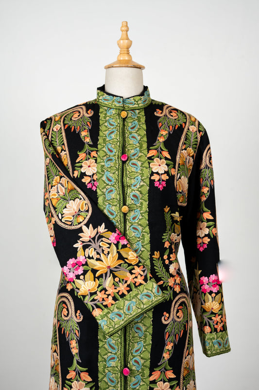 Gulbadan Long Jacket – Hand Embroidered in Pure Wool Grace