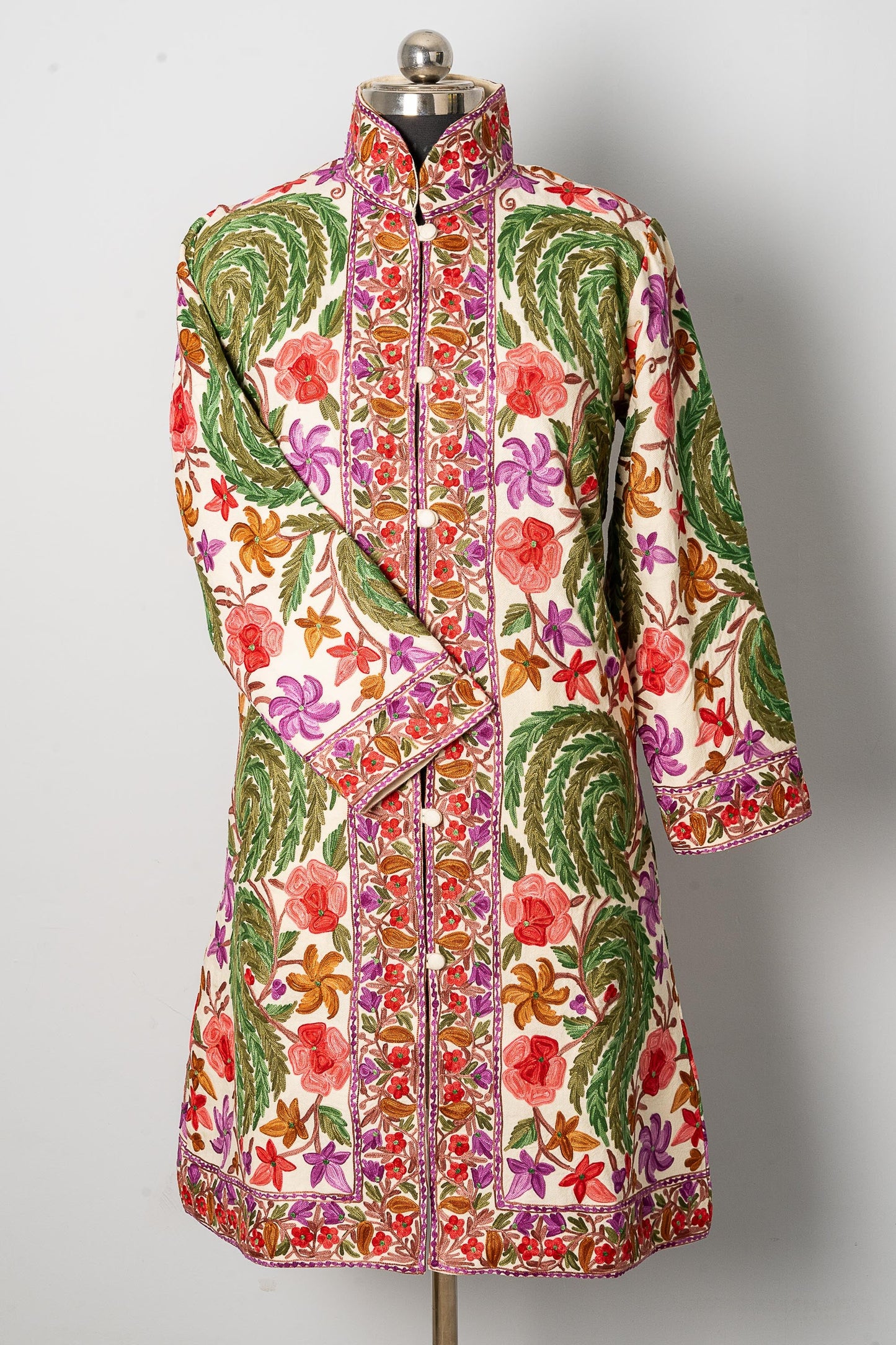White Aari-Embroidered Floral Jacket with Vivid Hues