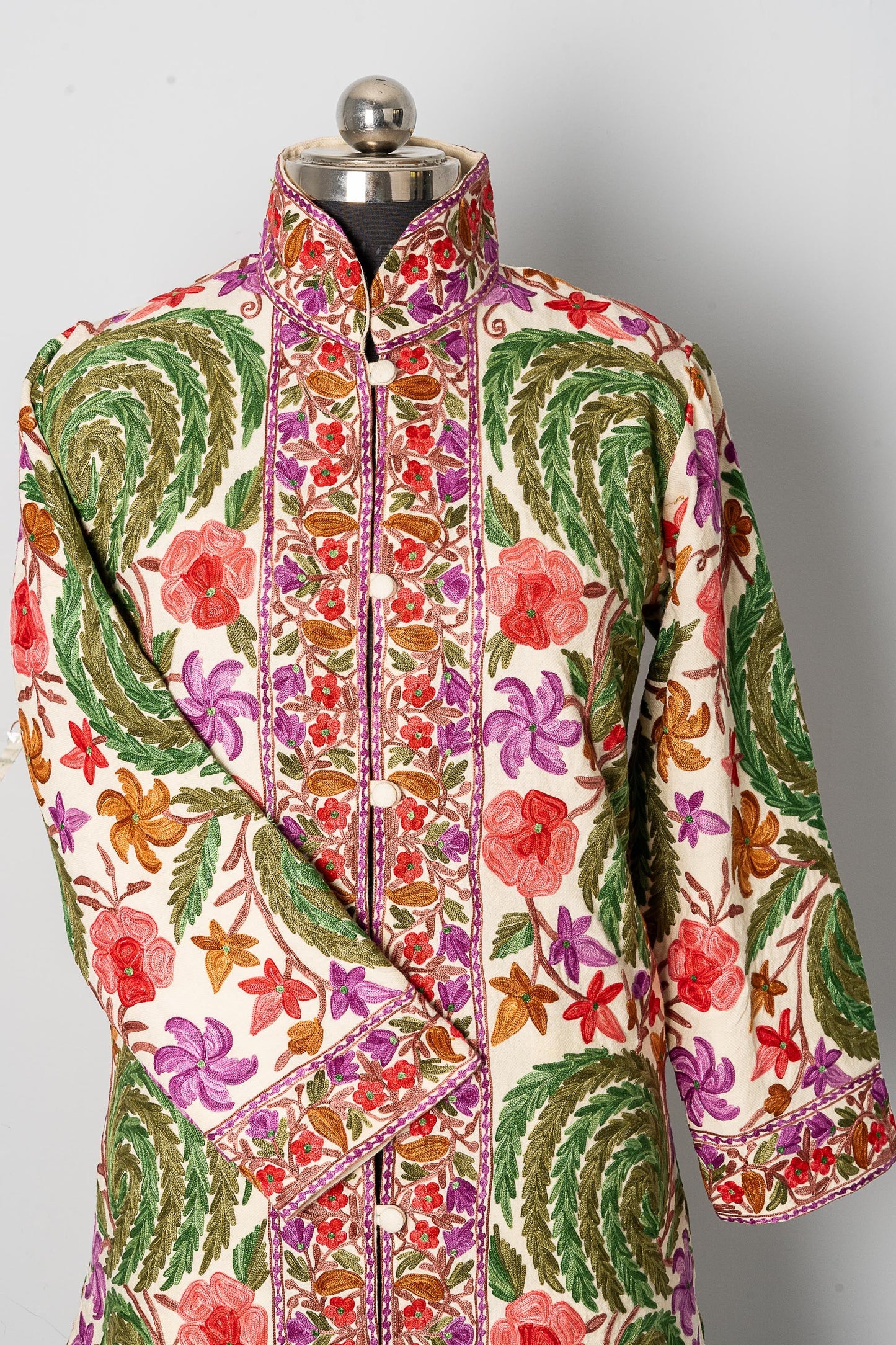 White Aari-Embroidered Floral Jacket with Vivid Hues