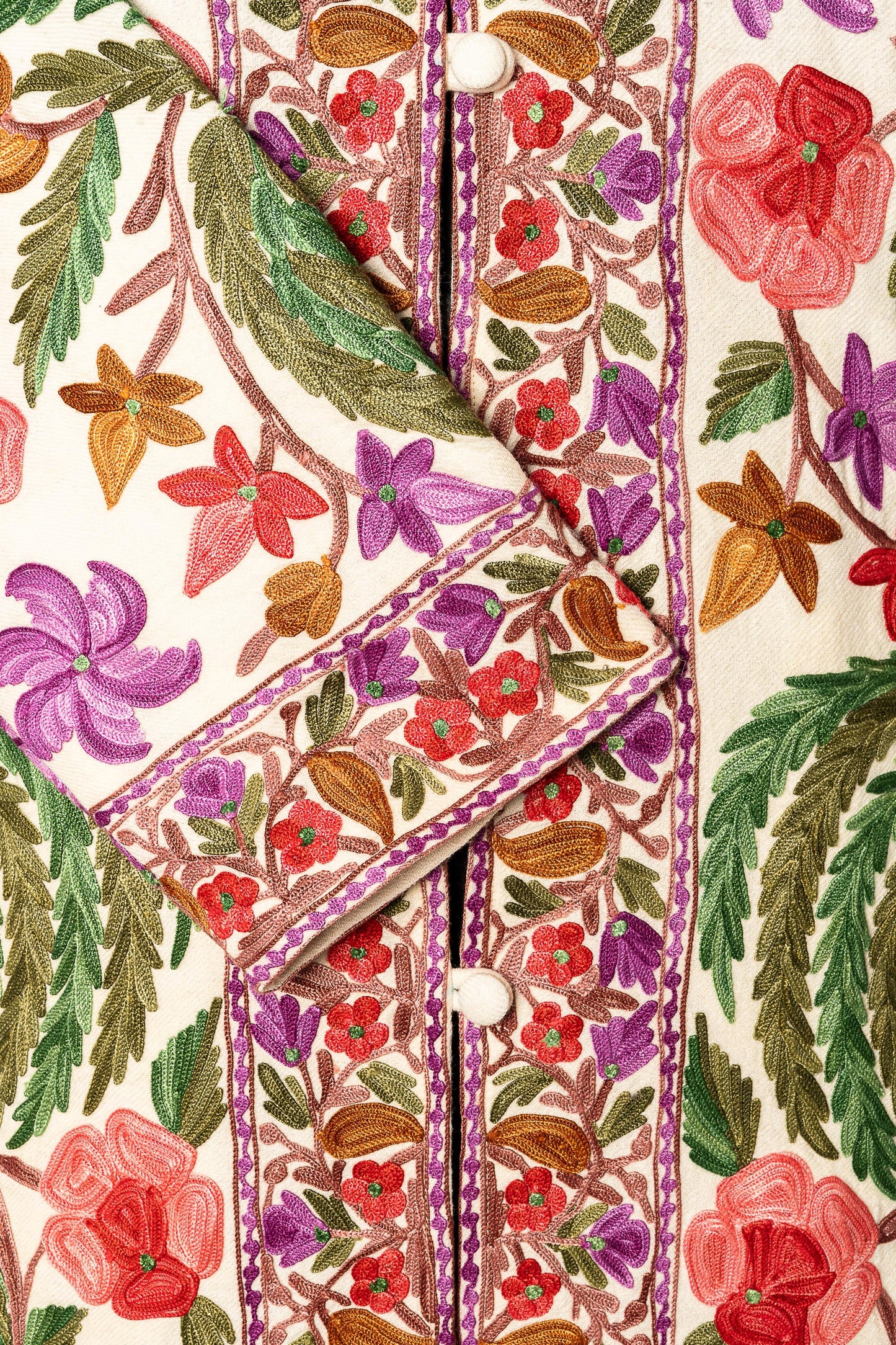 White Aari-Embroidered Floral Jacket with Vivid Hues