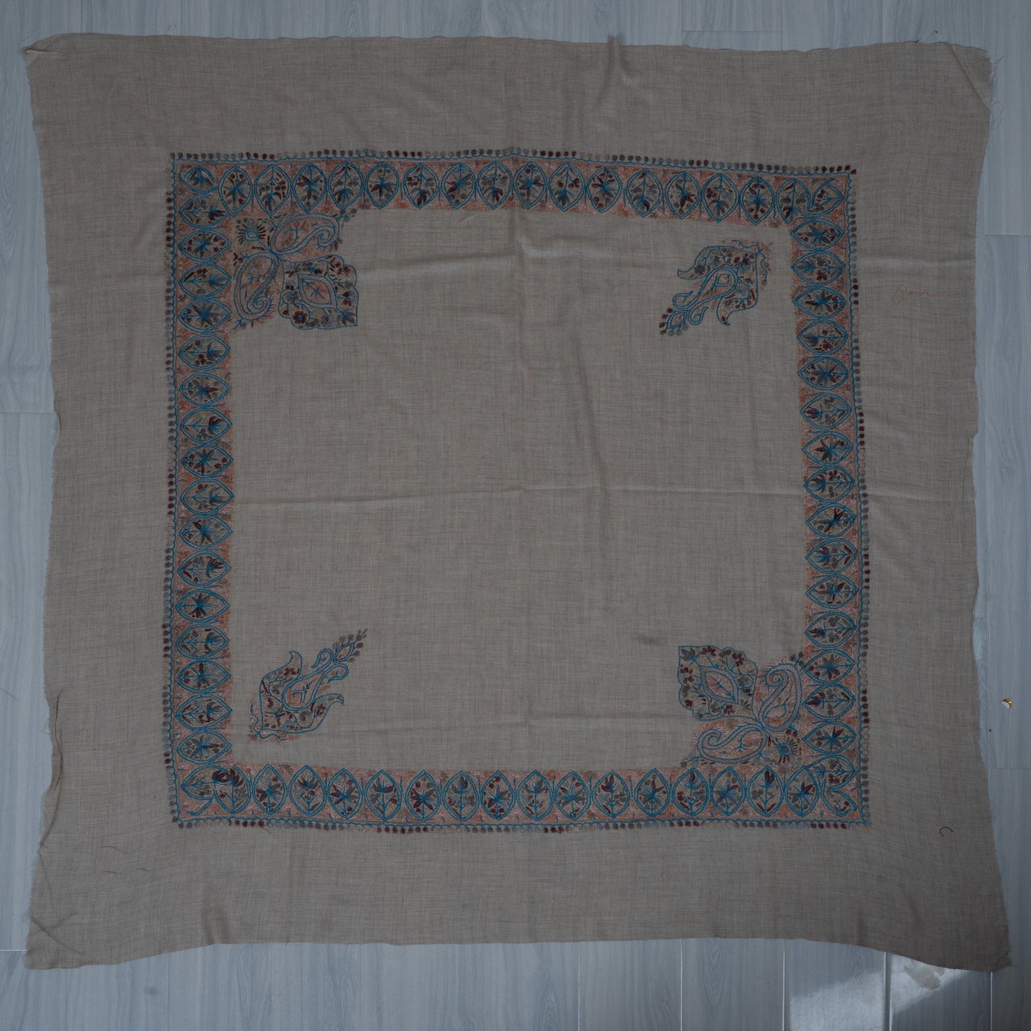 Azure Petal Cashmere Rumal — Sozni Hand Embroidered