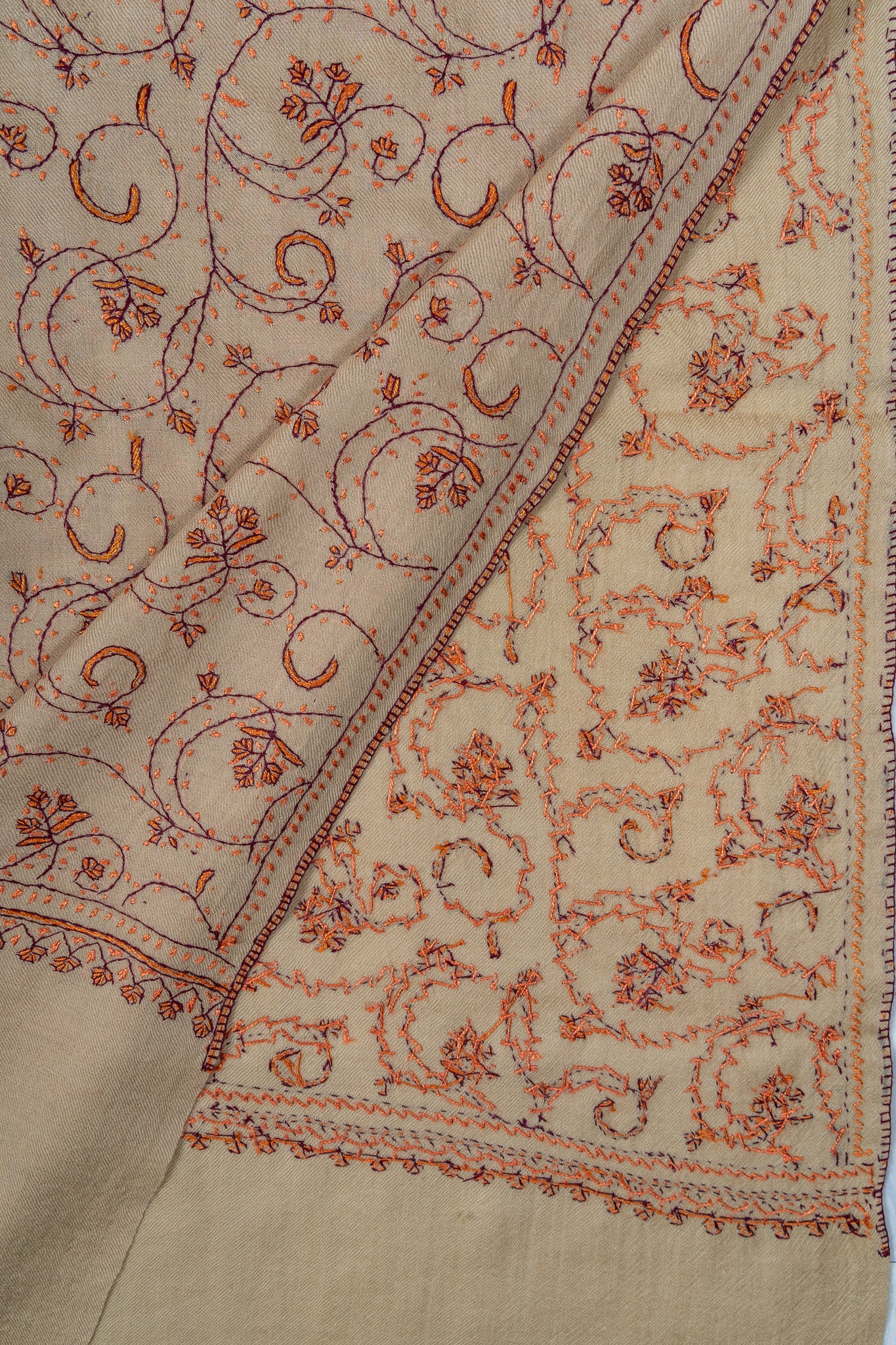 Sandstone Vine Sozni Hand Embroidered Merino Wool Shawl
