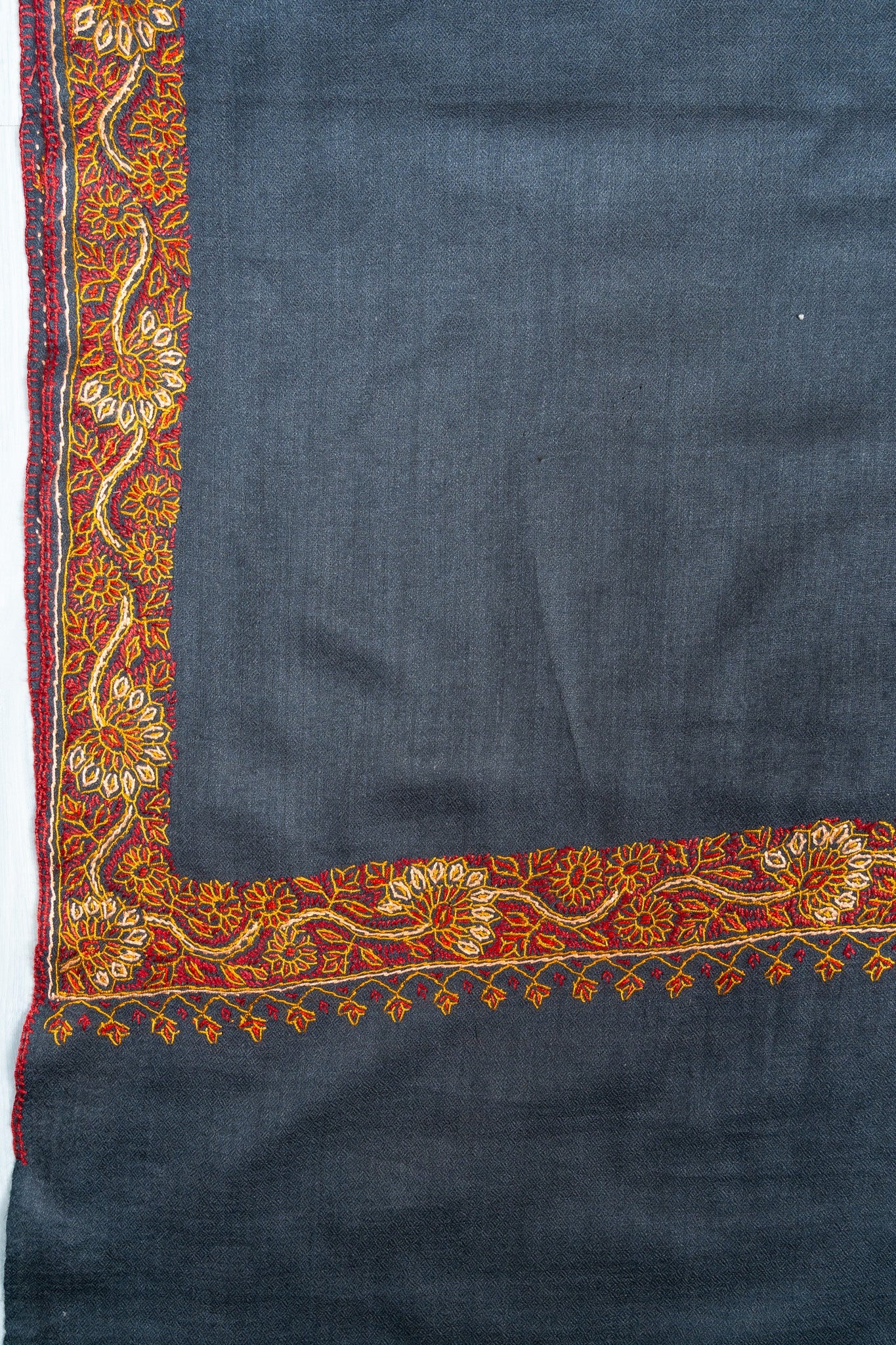 2.5 Yards Sozni Hand Embroidered Shawl in Deep Teal Floral Border