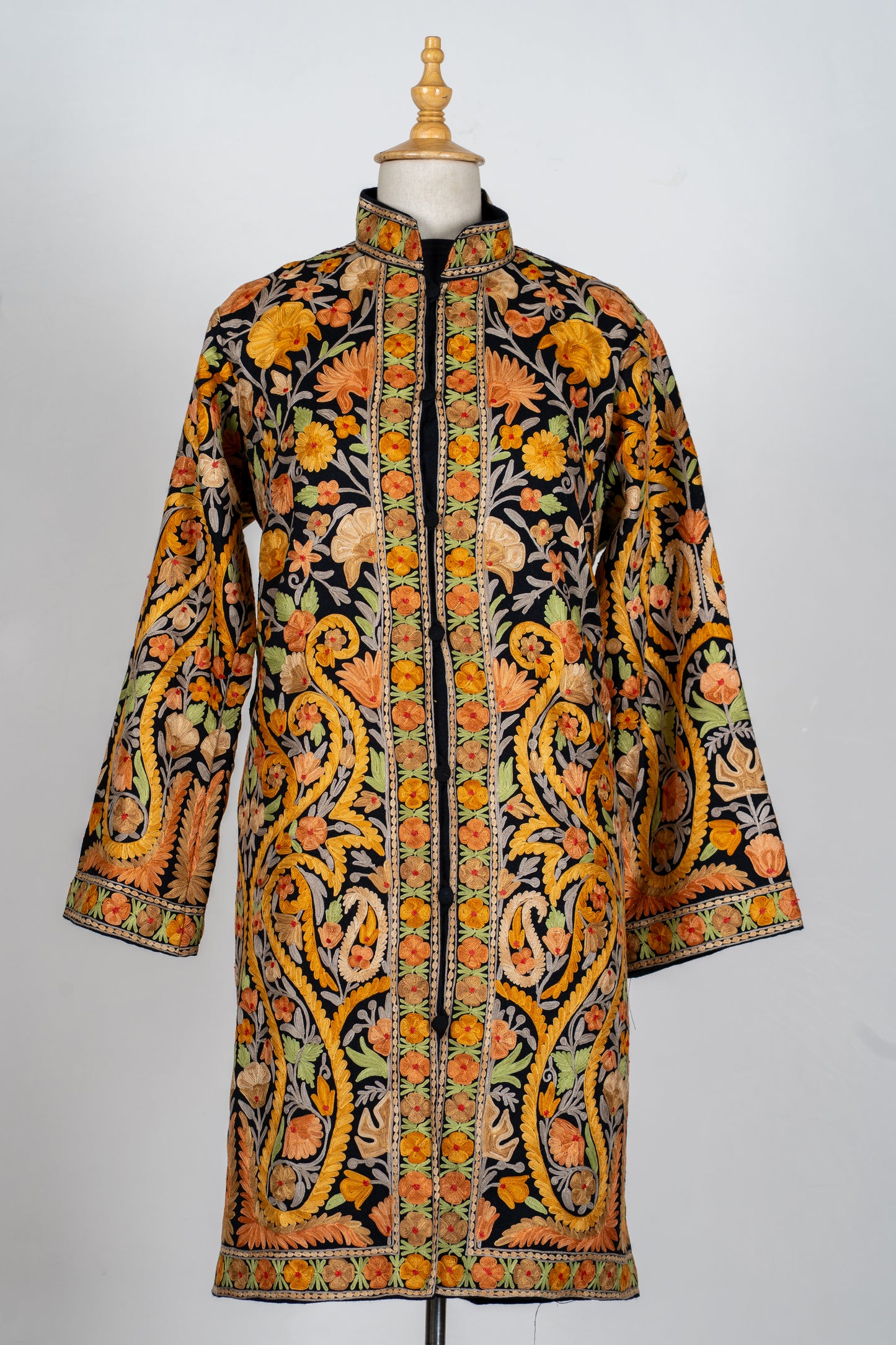 Noor-e-Zafran: Aari Embroidered Long Jacket in Black Base