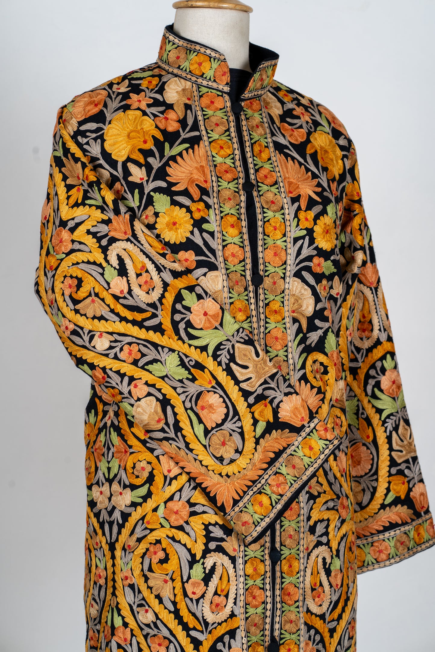 Noor-e-Zafran: Aari Embroidered Long Jacket in Black Base