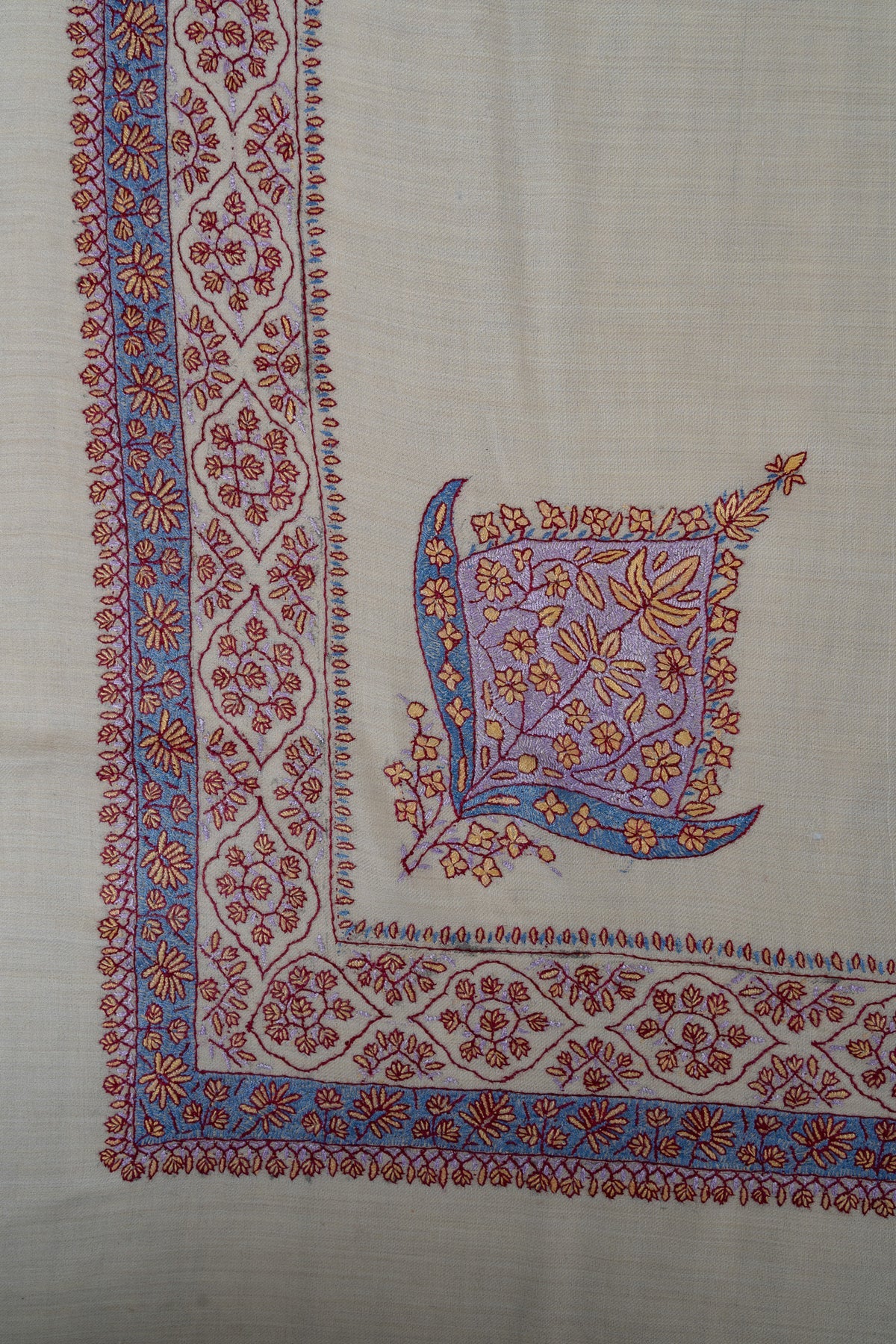 Pearl Azure Rumal — 58" Sozni Hand Embroidered