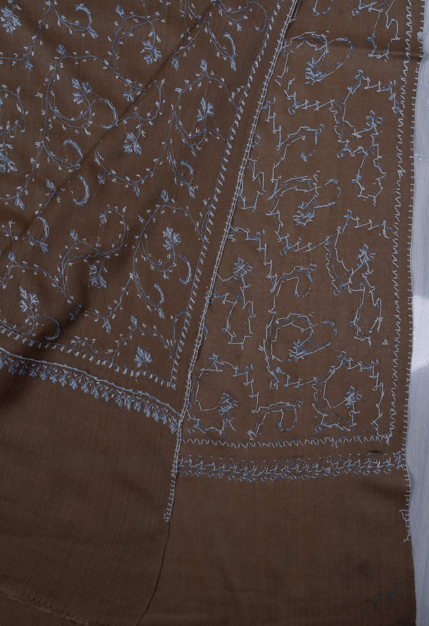 Walnut Blue Jaal 2.5 Yards Sozni Hand Embroidered Shawl