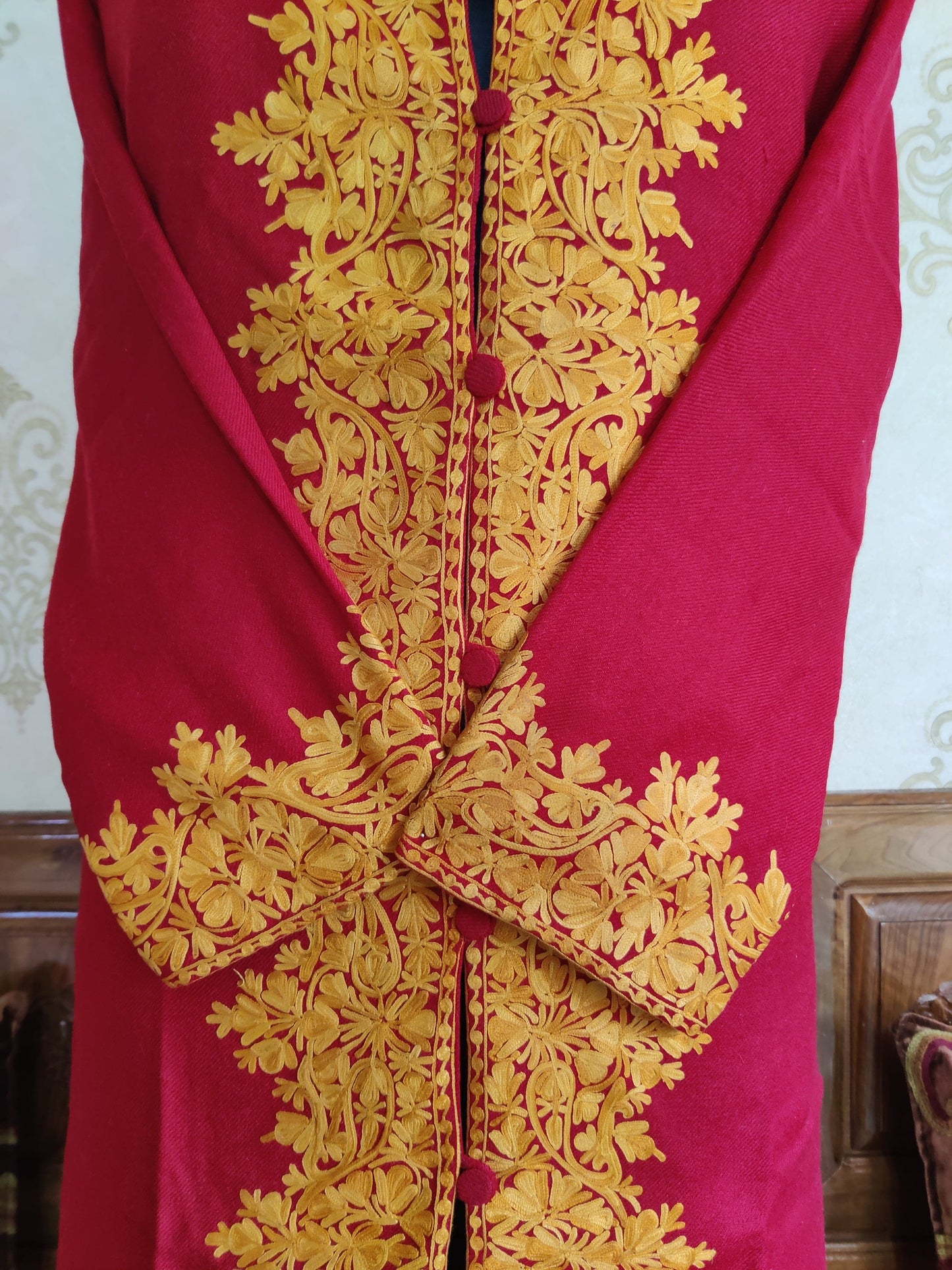 Maroon Kashmiri jacket with embroidery on the border - KashmKari