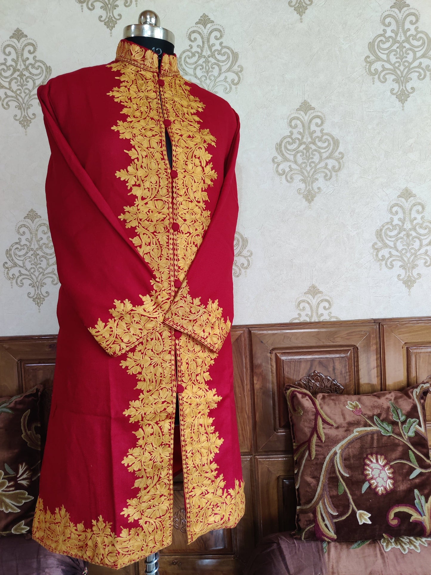 Maroon Kashmiri jacket with embroidery on the border - KashmKari