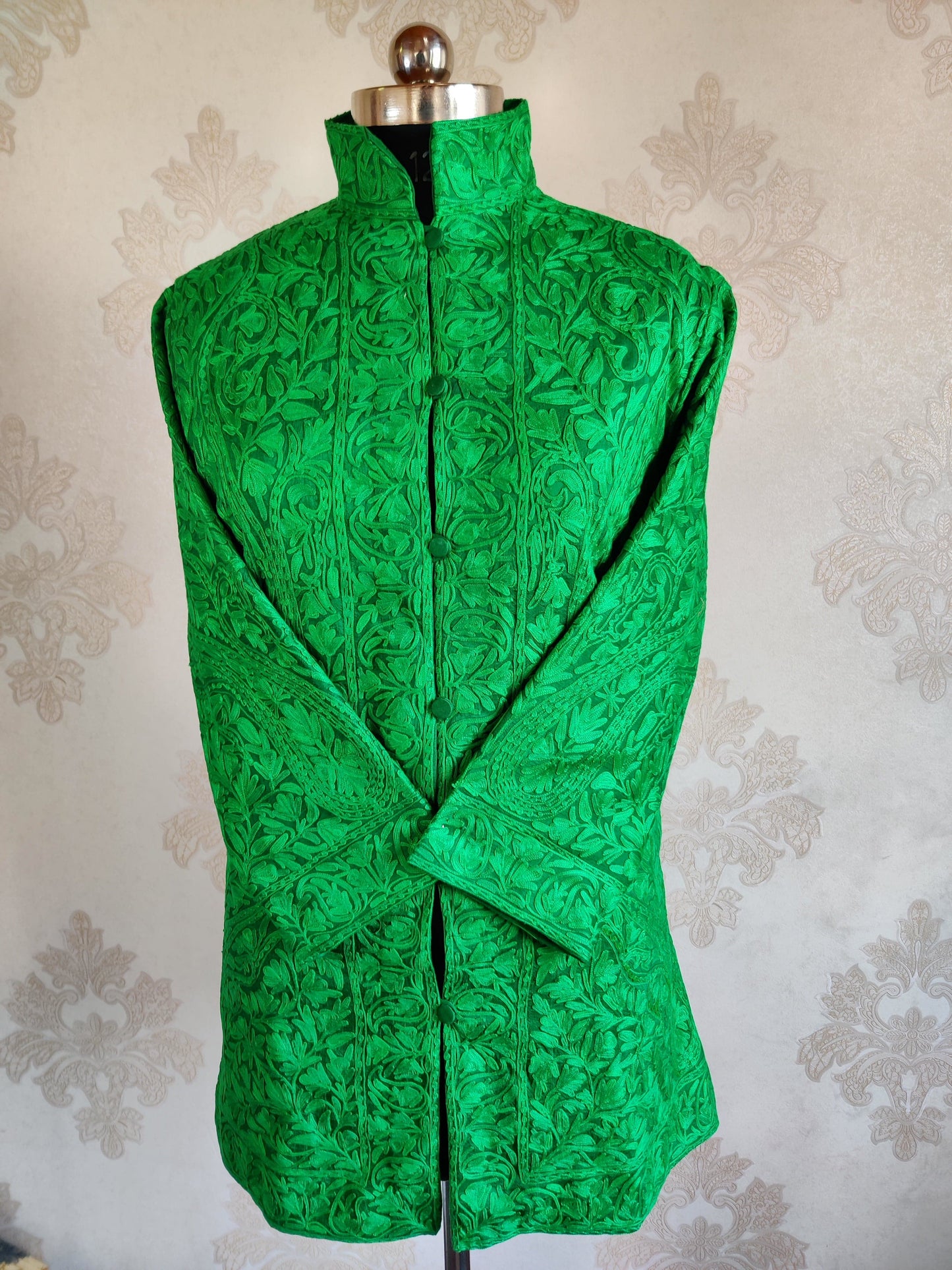 Green Kashmiri jacket with Monochromatic Embroidery - KashmKari