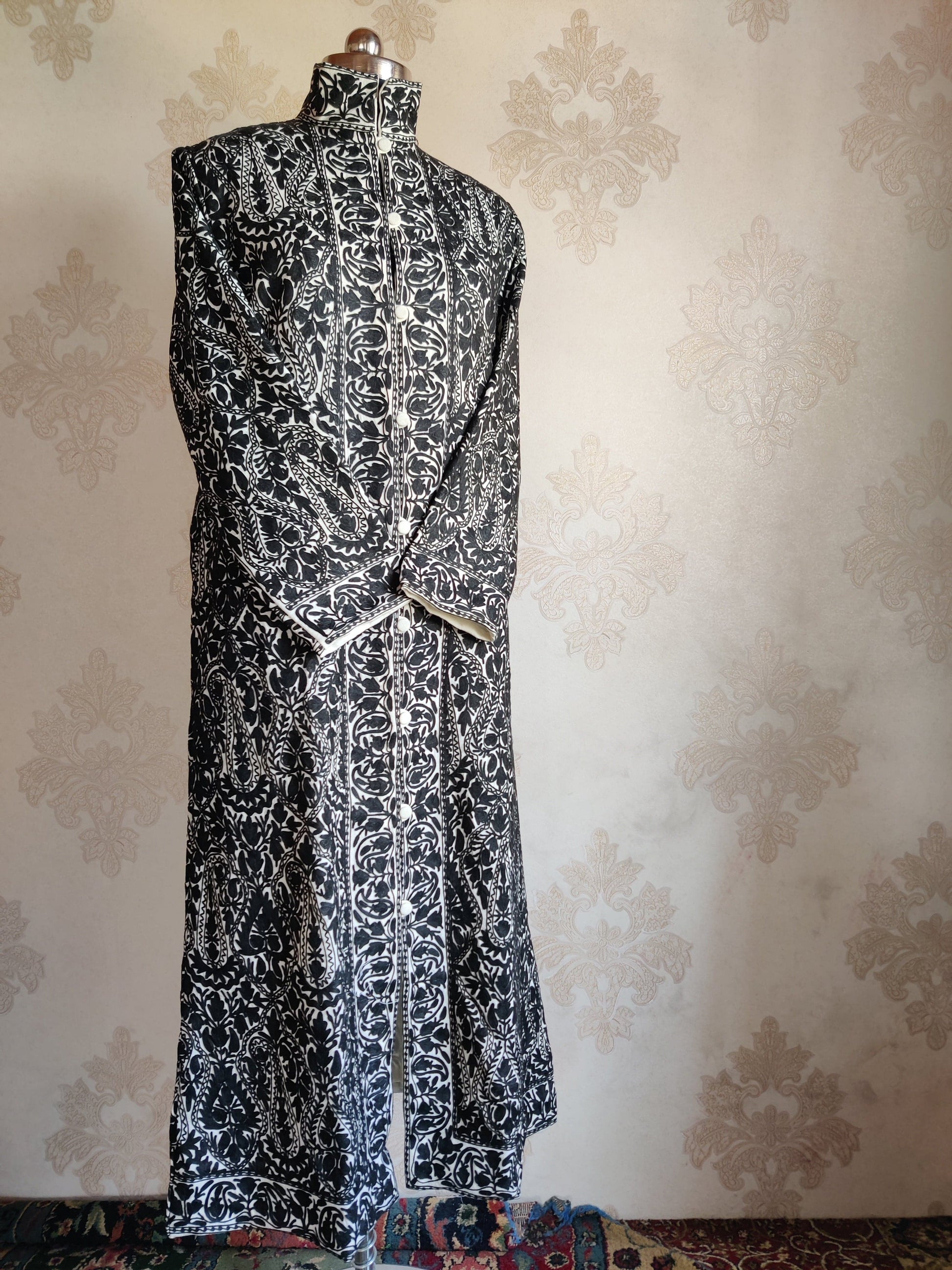 Long kashmiri jacket with Contrast Embroidery - KashmKari