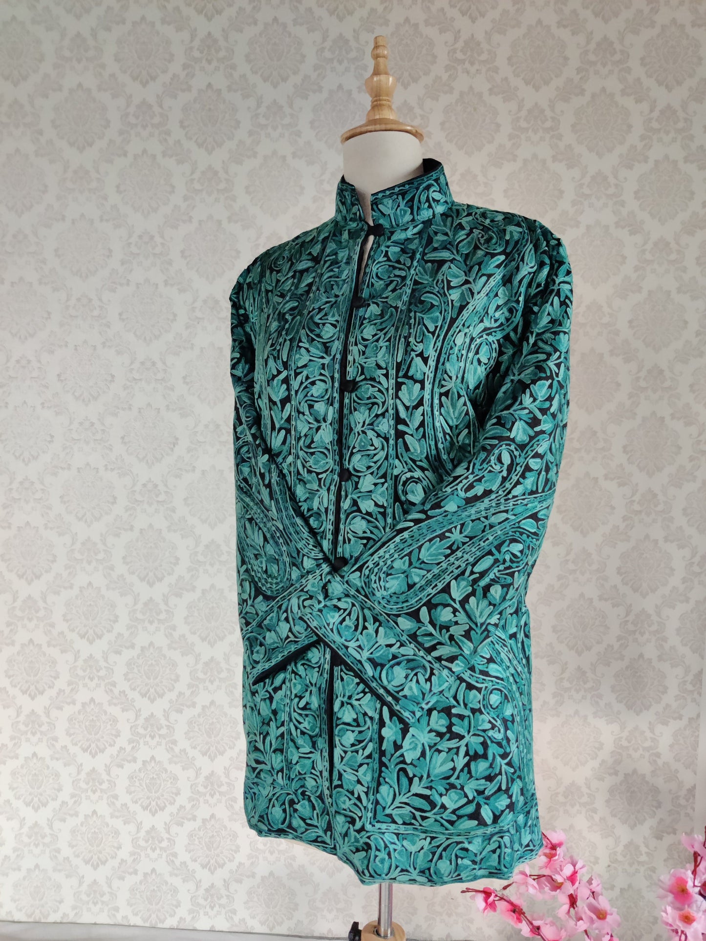 Kashmiri Jacket With Teal Colour Embroidery - KashmKari