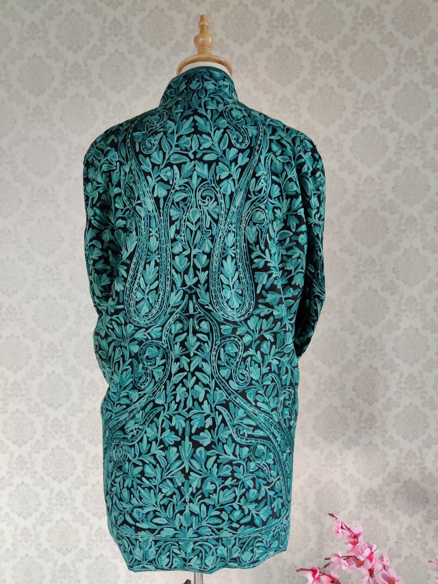 Kashmiri Jacket With Teal Colour Embroidery - KashmKari