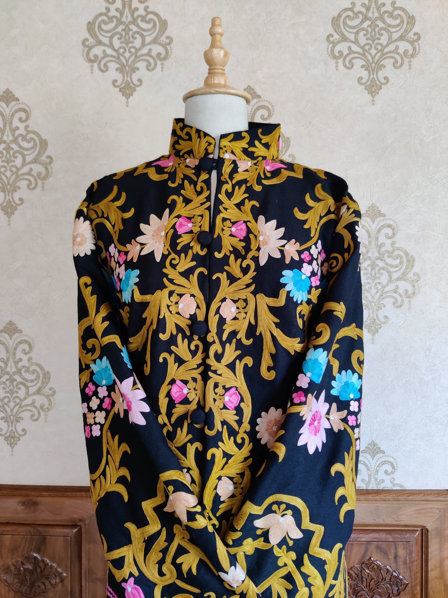 Golden Embroidery: A Stunning Timeless Kashmiri Black Coat - KashmKari