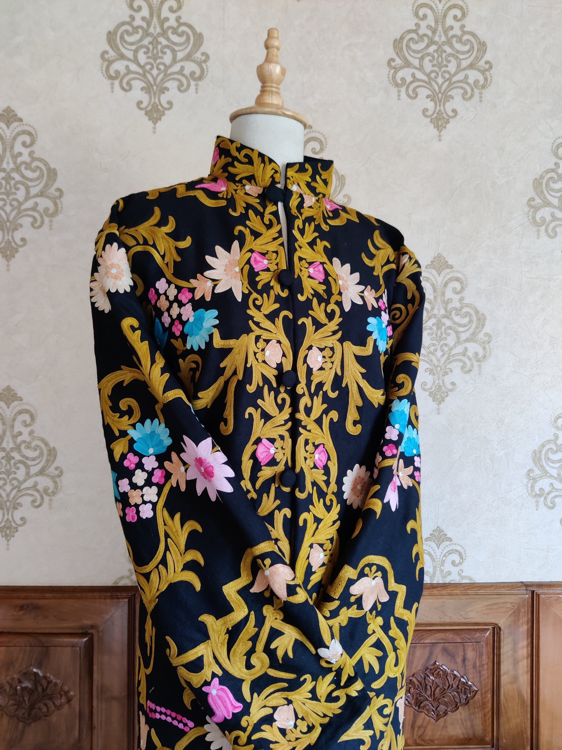 Golden Embroidery: A Stunning Timeless Kashmiri Black Coat - KashmKari