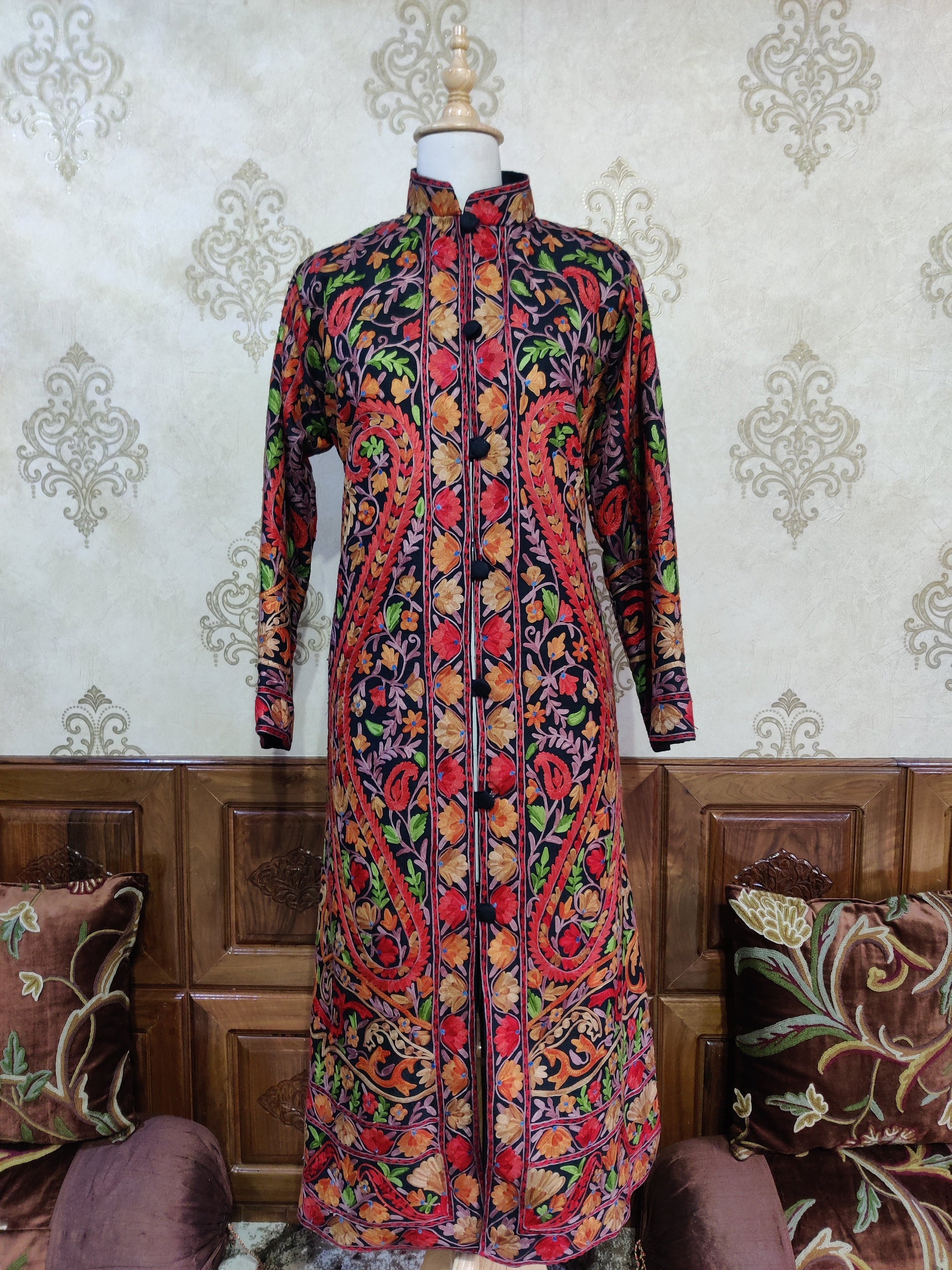 The Midnight Mosaic: Long Black Kashmiri Jacket with Aari Embroidery - KashmKari