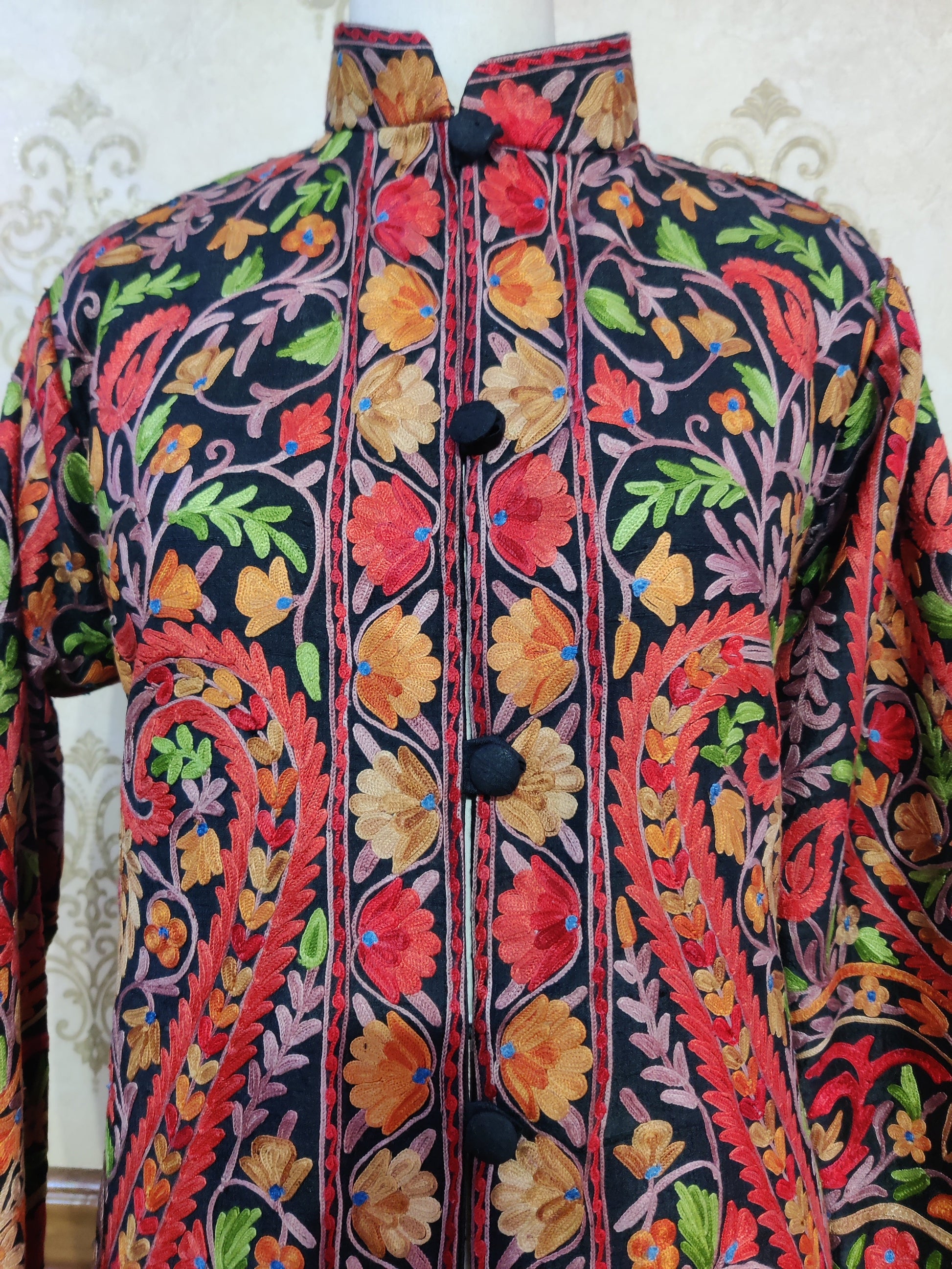 The Midnight Mosaic: Long Black Kashmiri Jacket with Aari Embroidery - KashmKari