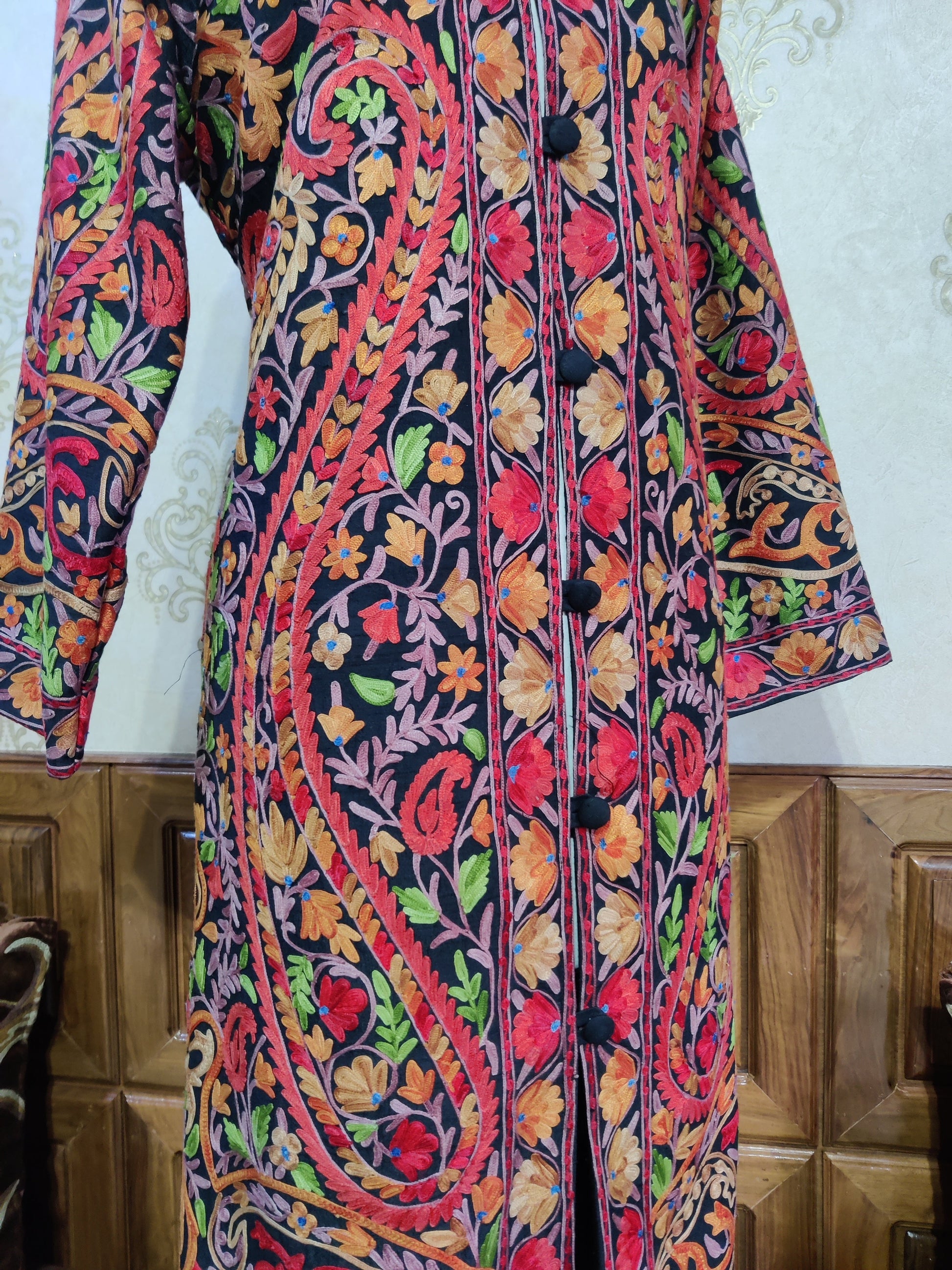 The Midnight Mosaic: Long Black Kashmiri Jacket with Aari Embroidery - KashmKari