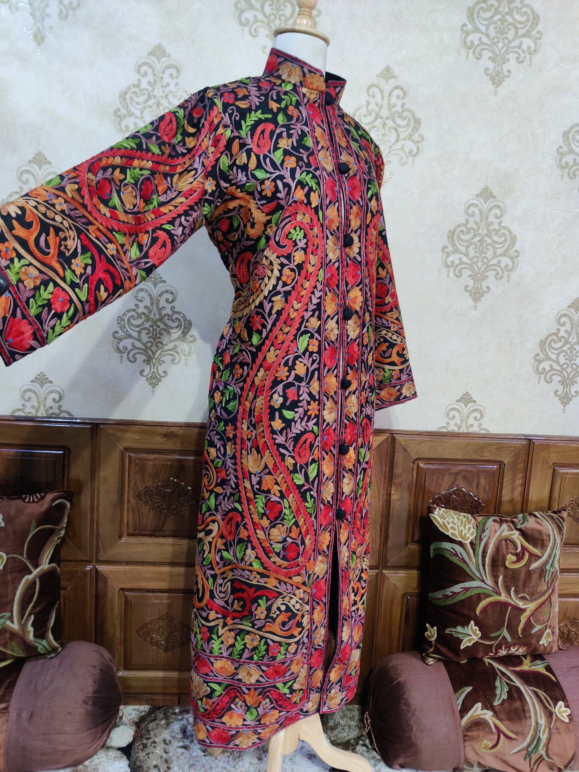 The Midnight Mosaic: Long Black Kashmiri Jacket with Aari Embroidery - KashmKari