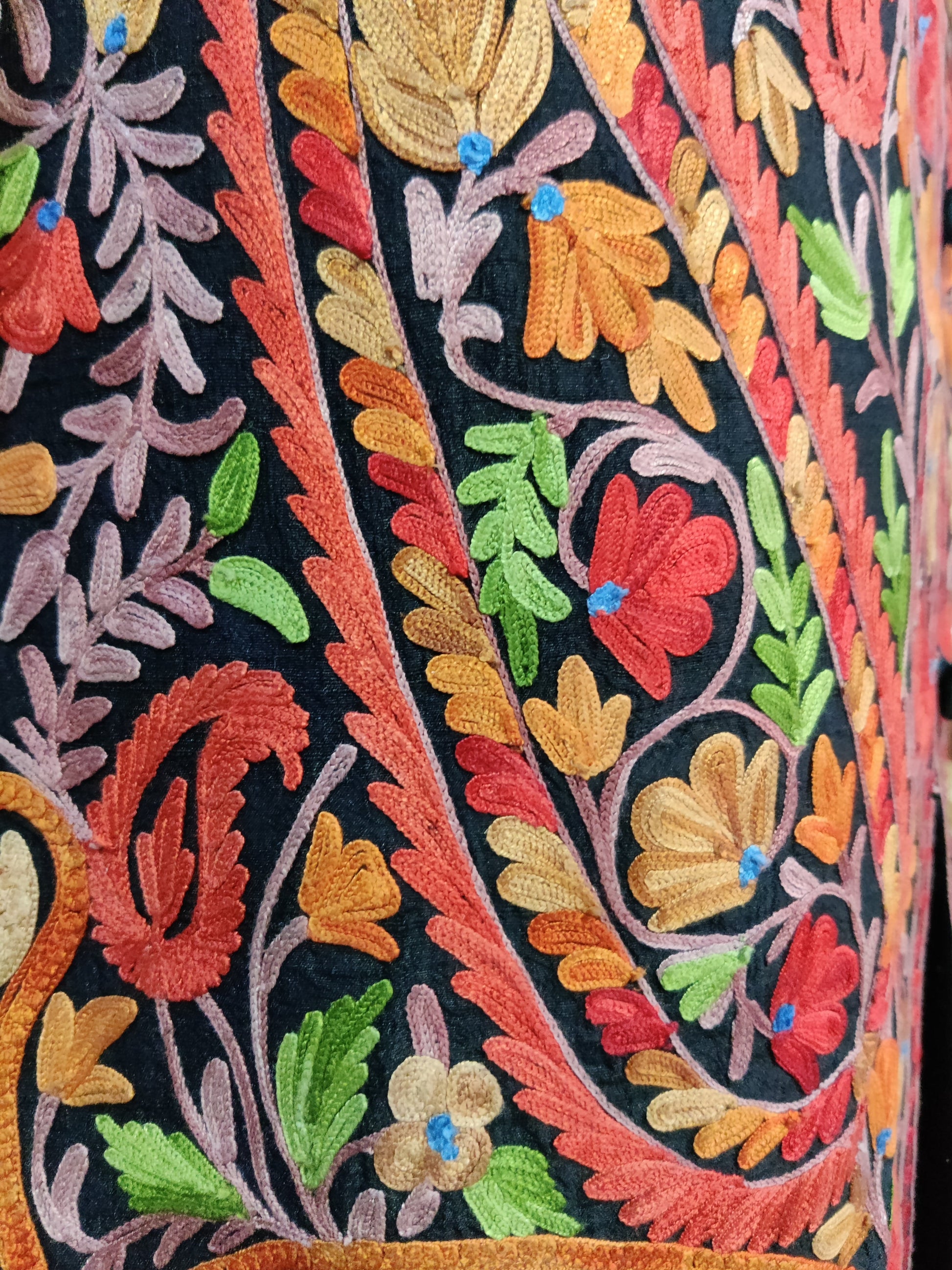 The Midnight Mosaic: Long Black Kashmiri Jacket with Aari Embroidery - KashmKari