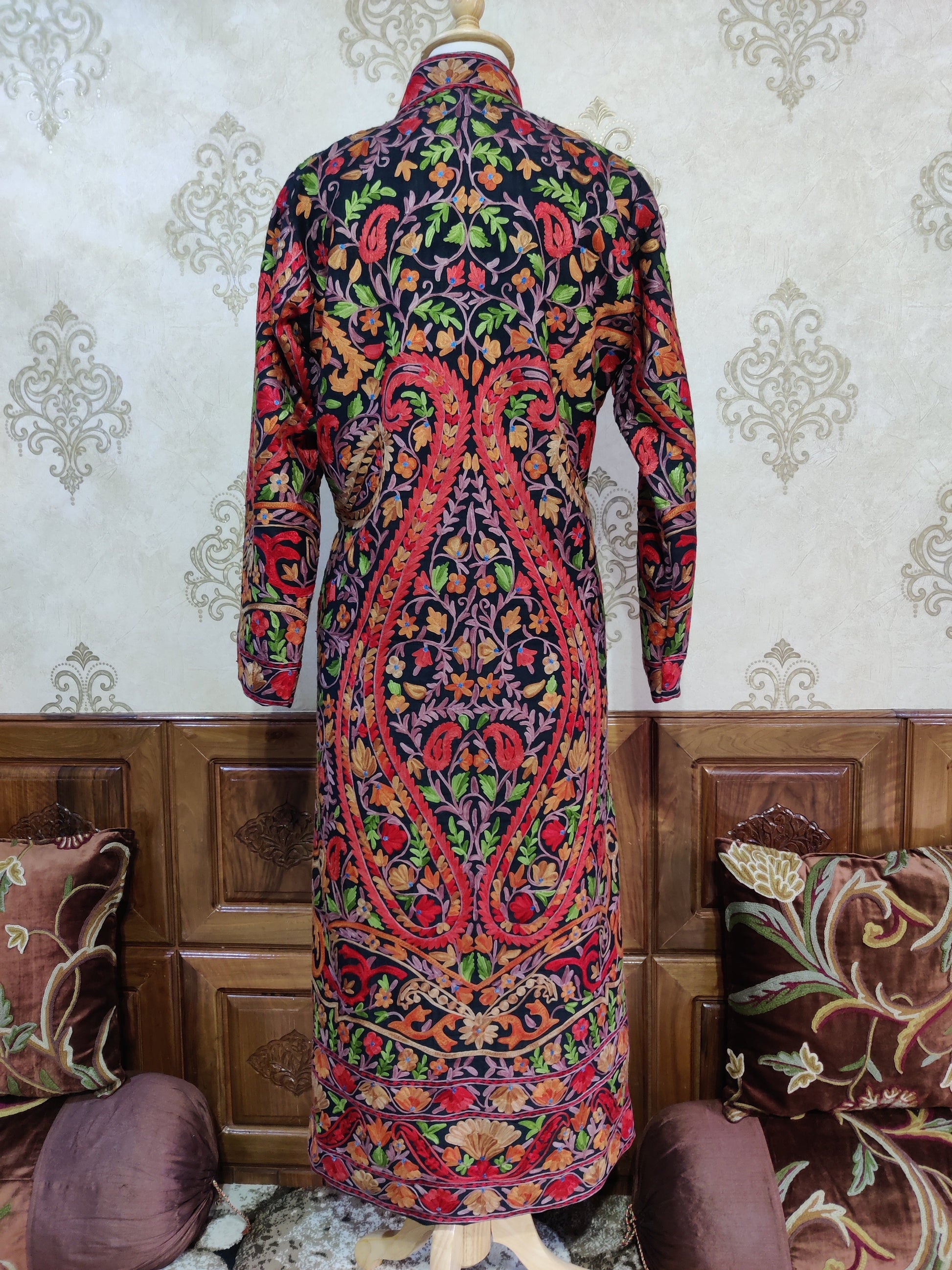 The Midnight Mosaic: Long Black Kashmiri Jacket with Aari Embroidery - KashmKari