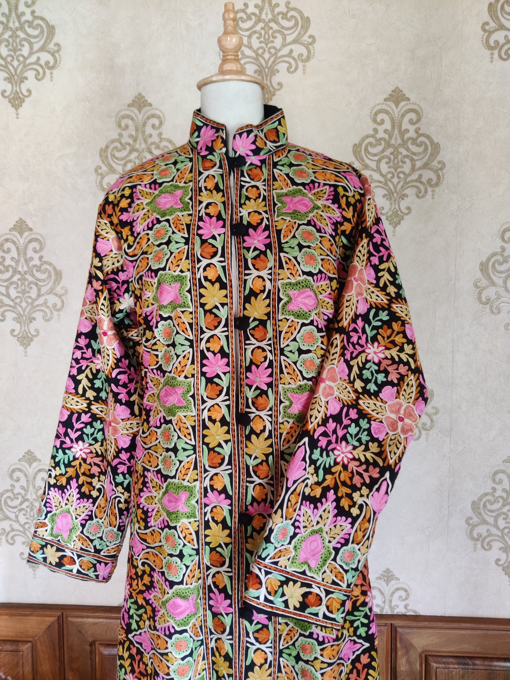 The Geometric Garden: Vibrant Aari Embroidered Kashmiri Jacket - KashmKari