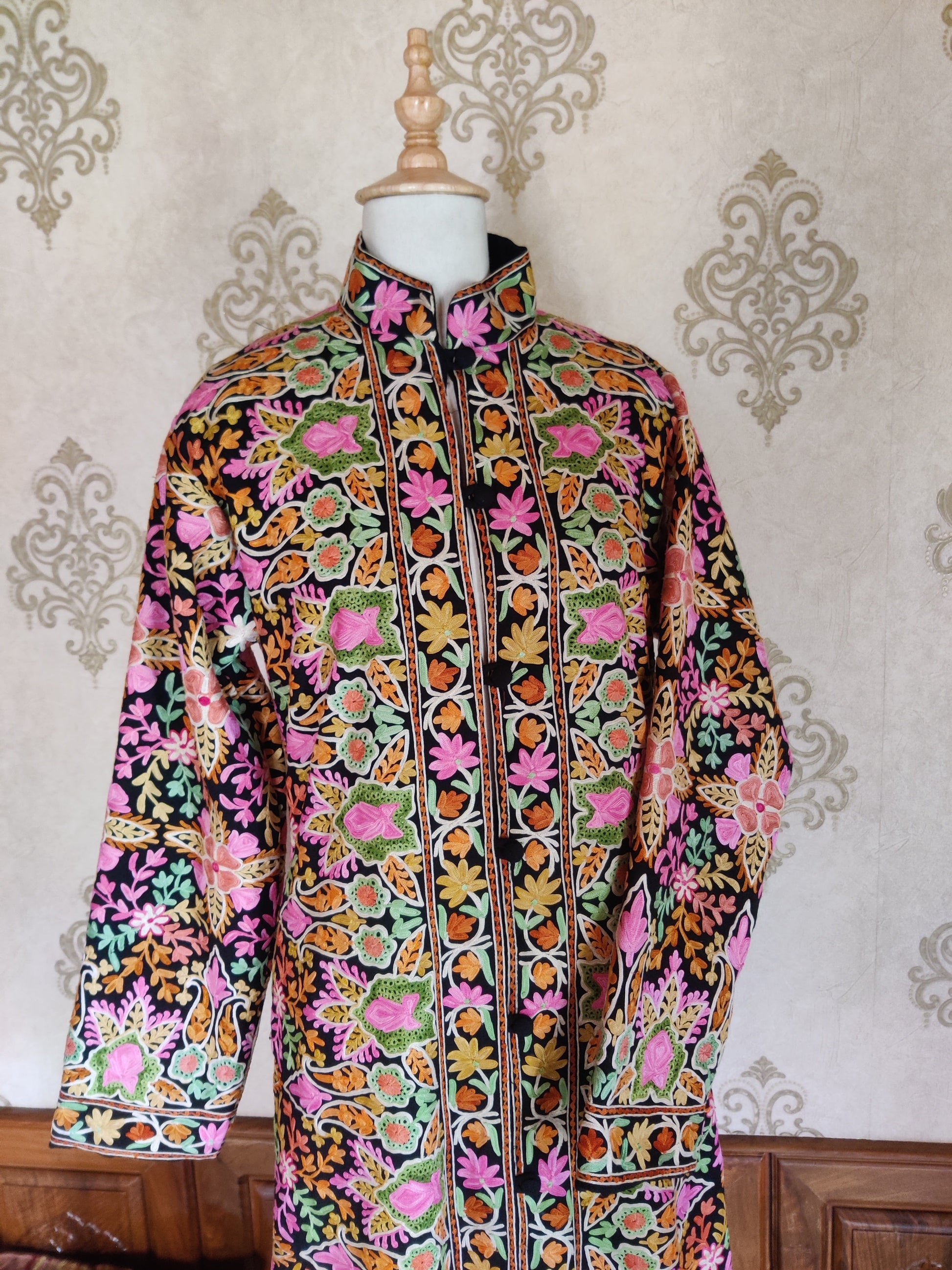 The Geometric Garden: Vibrant Aari Embroidered Kashmiri Jacket - KashmKari
