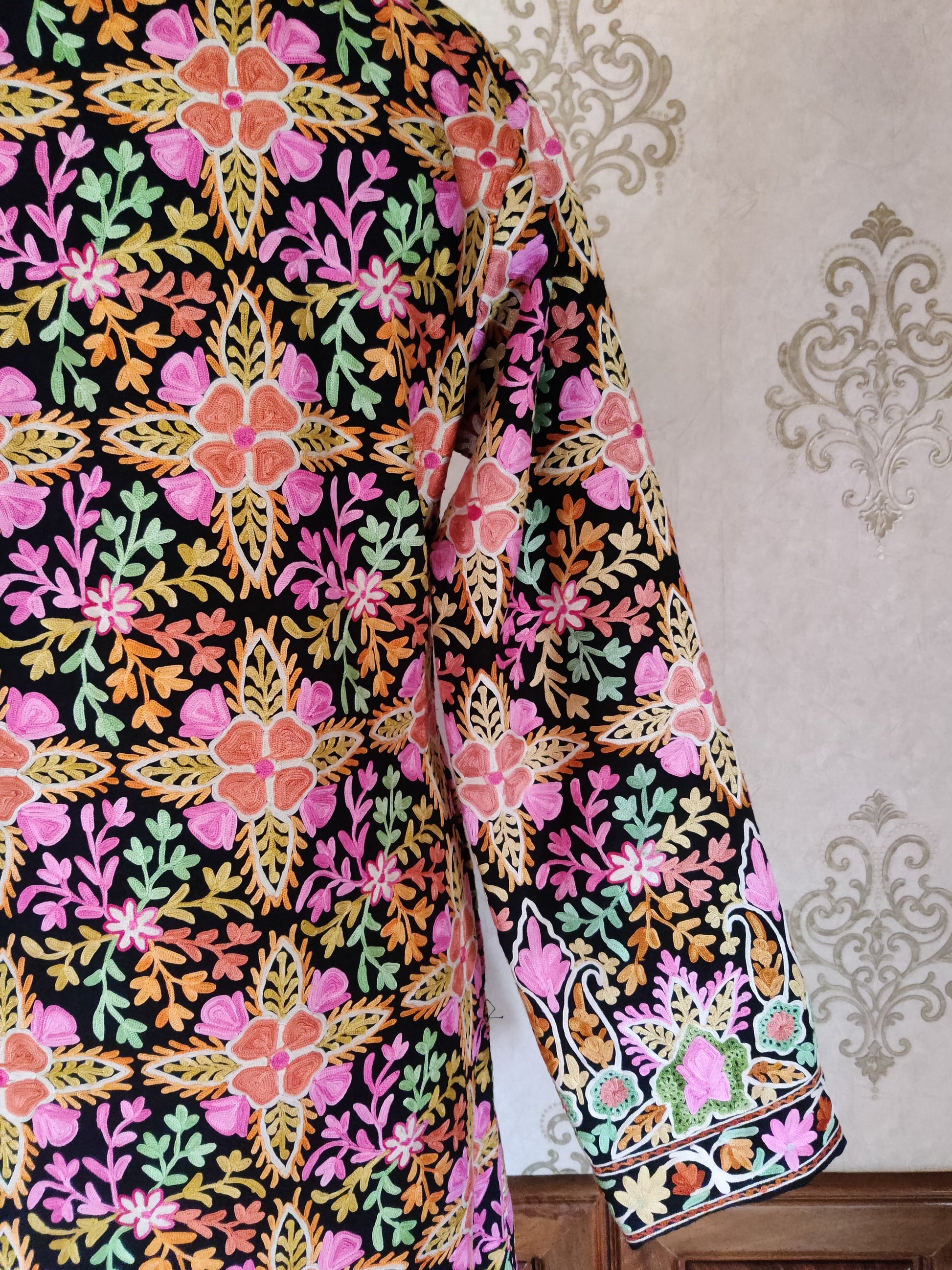 The Geometric Garden: Vibrant Aari Embroidered Kashmiri Jacket - KashmKari