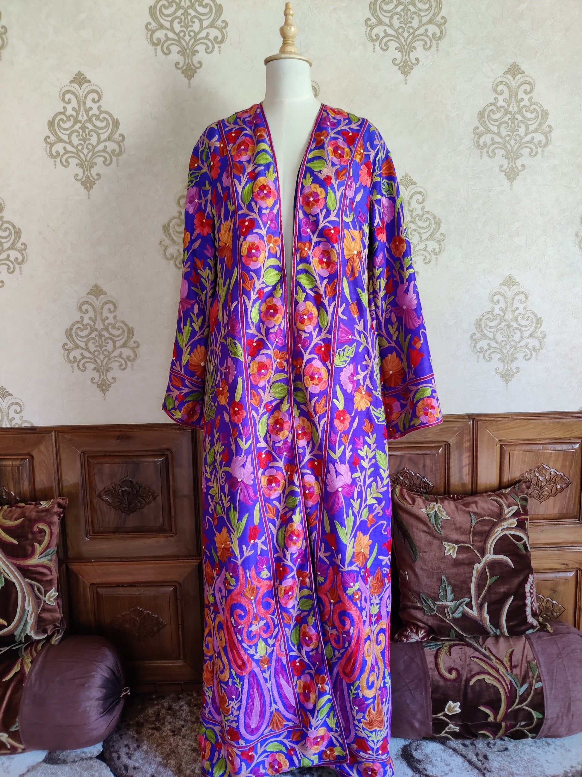 The Royal Reverie: Kashmiri Aari-embroidered Long Robe - KashmKari