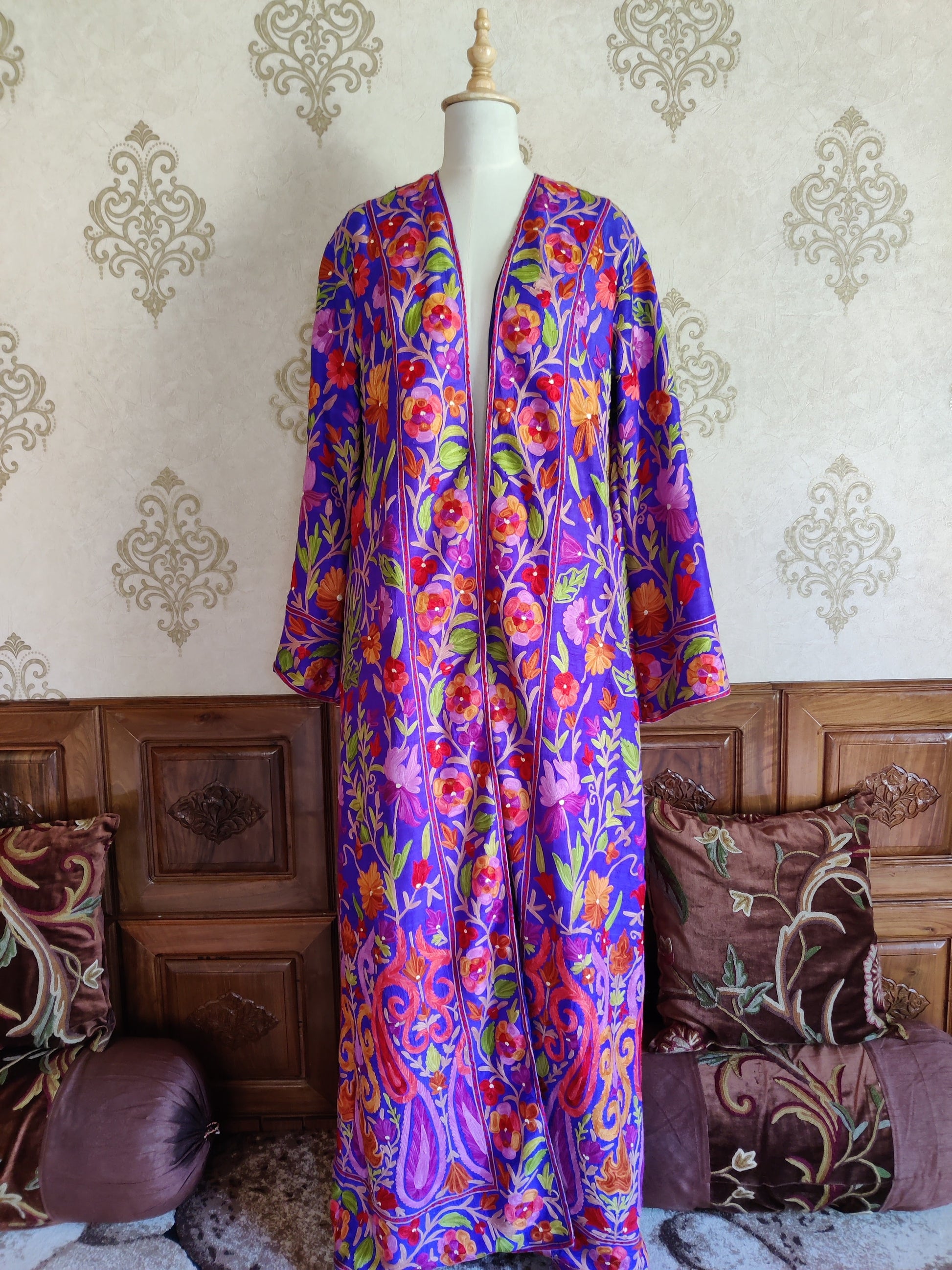 The Royal Reverie: Kashmiri Aari-embroidered Long Robe - KashmKari