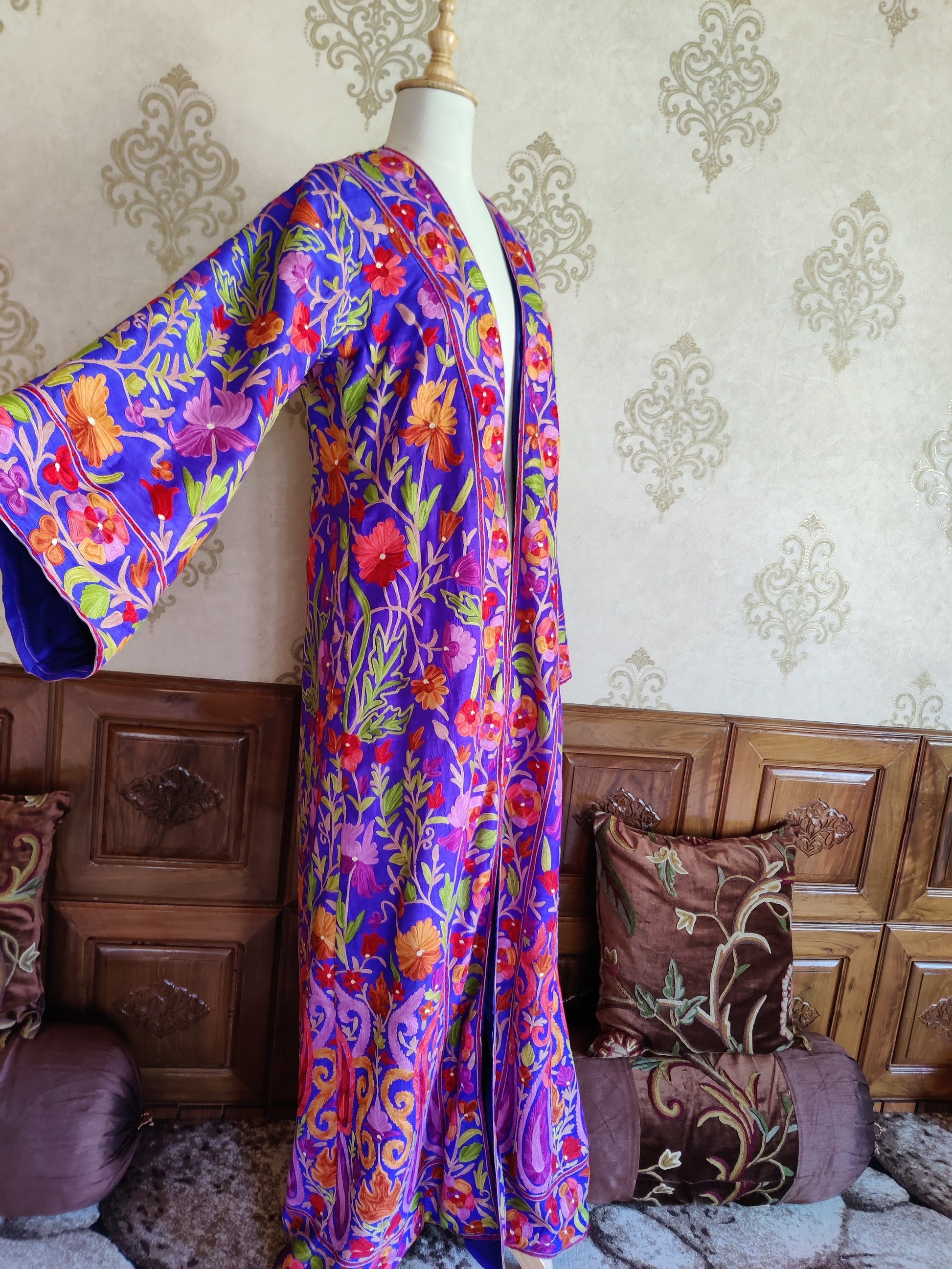 The Royal Reverie: Kashmiri Aari-embroidered Long Robe - KashmKari