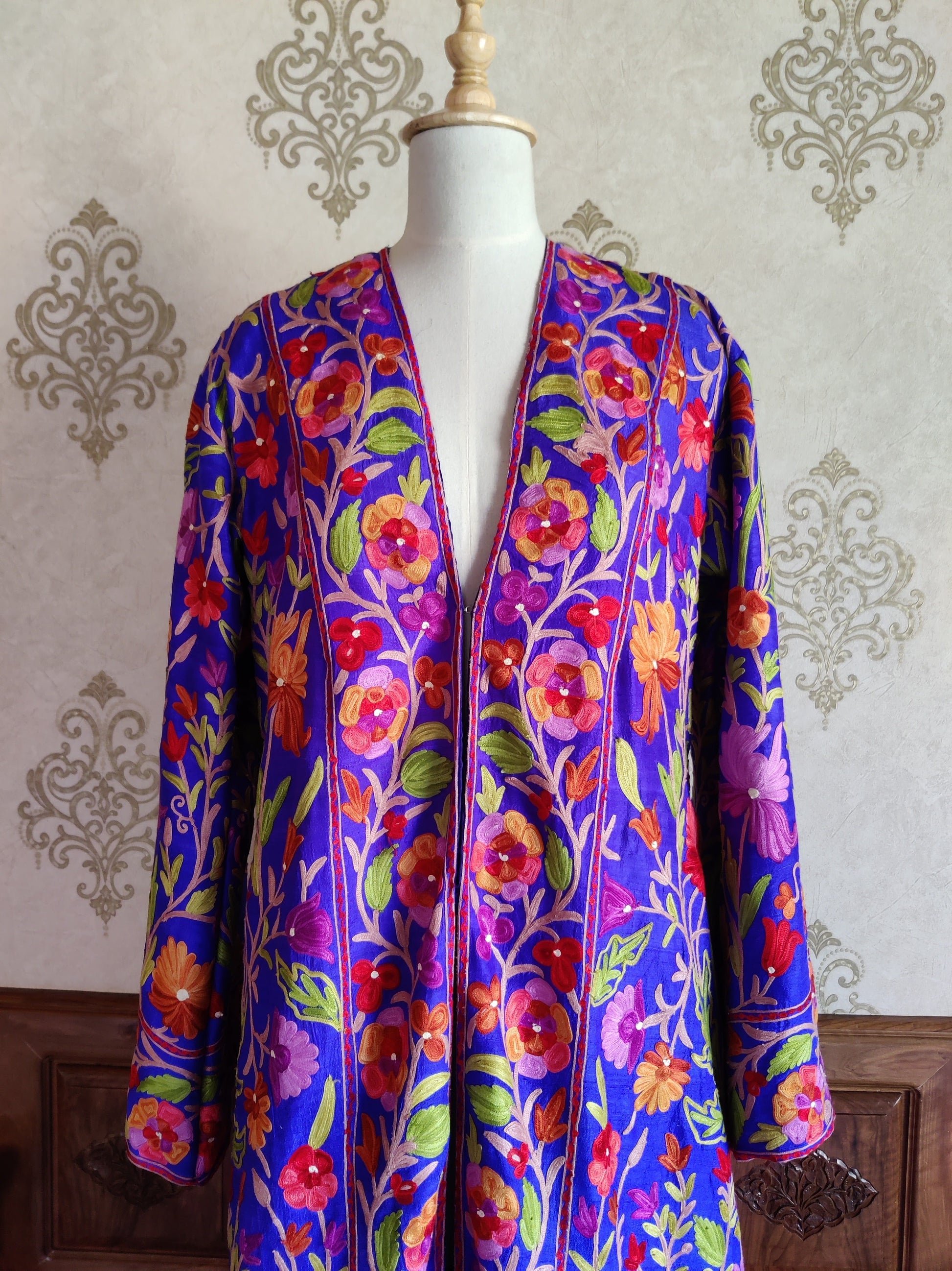 The Royal Reverie: Kashmiri Aari-embroidered Long Robe - KashmKari