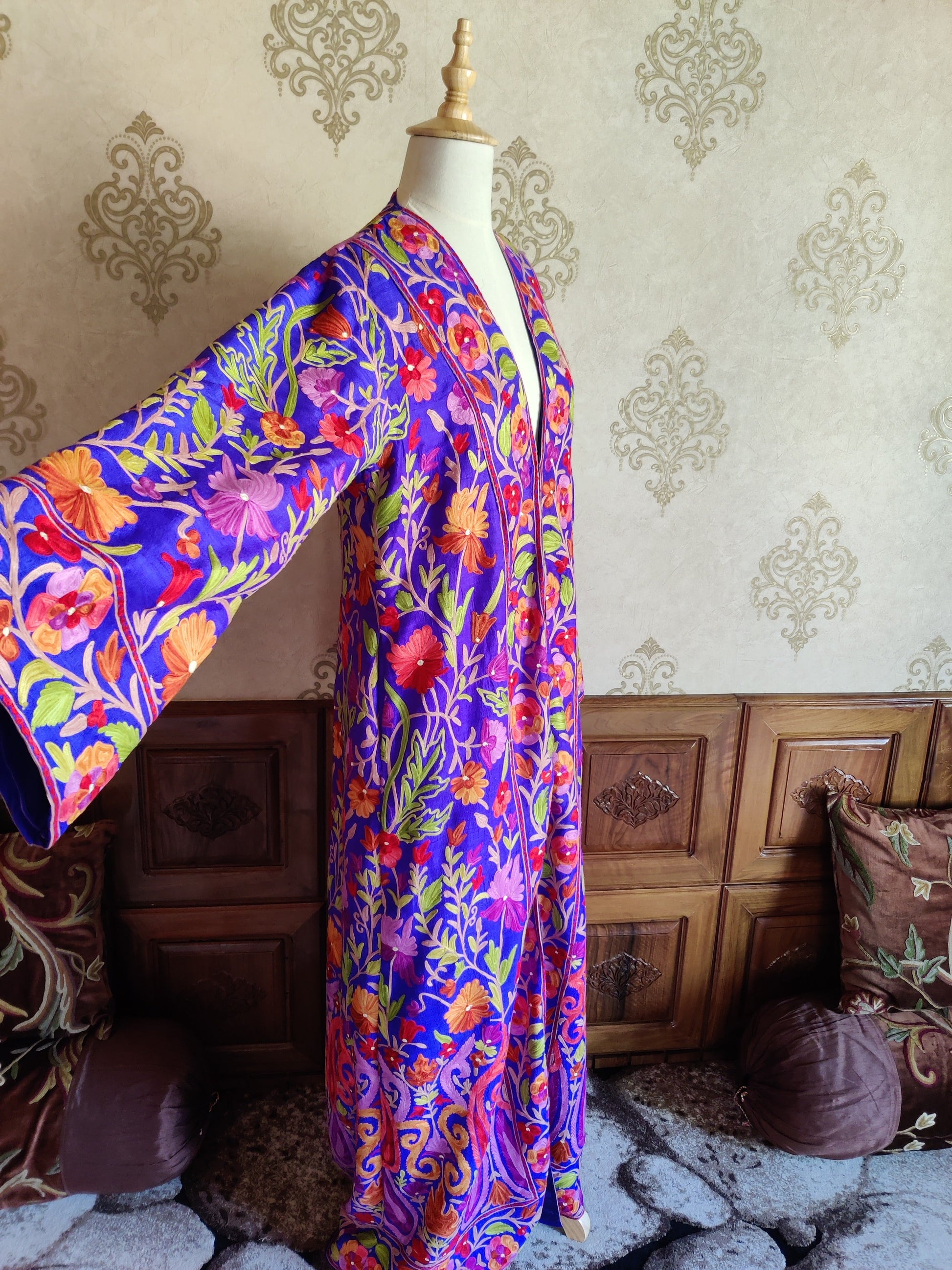 The Royal Reverie: Kashmiri Aari-embroidered Long Robe - KashmKari
