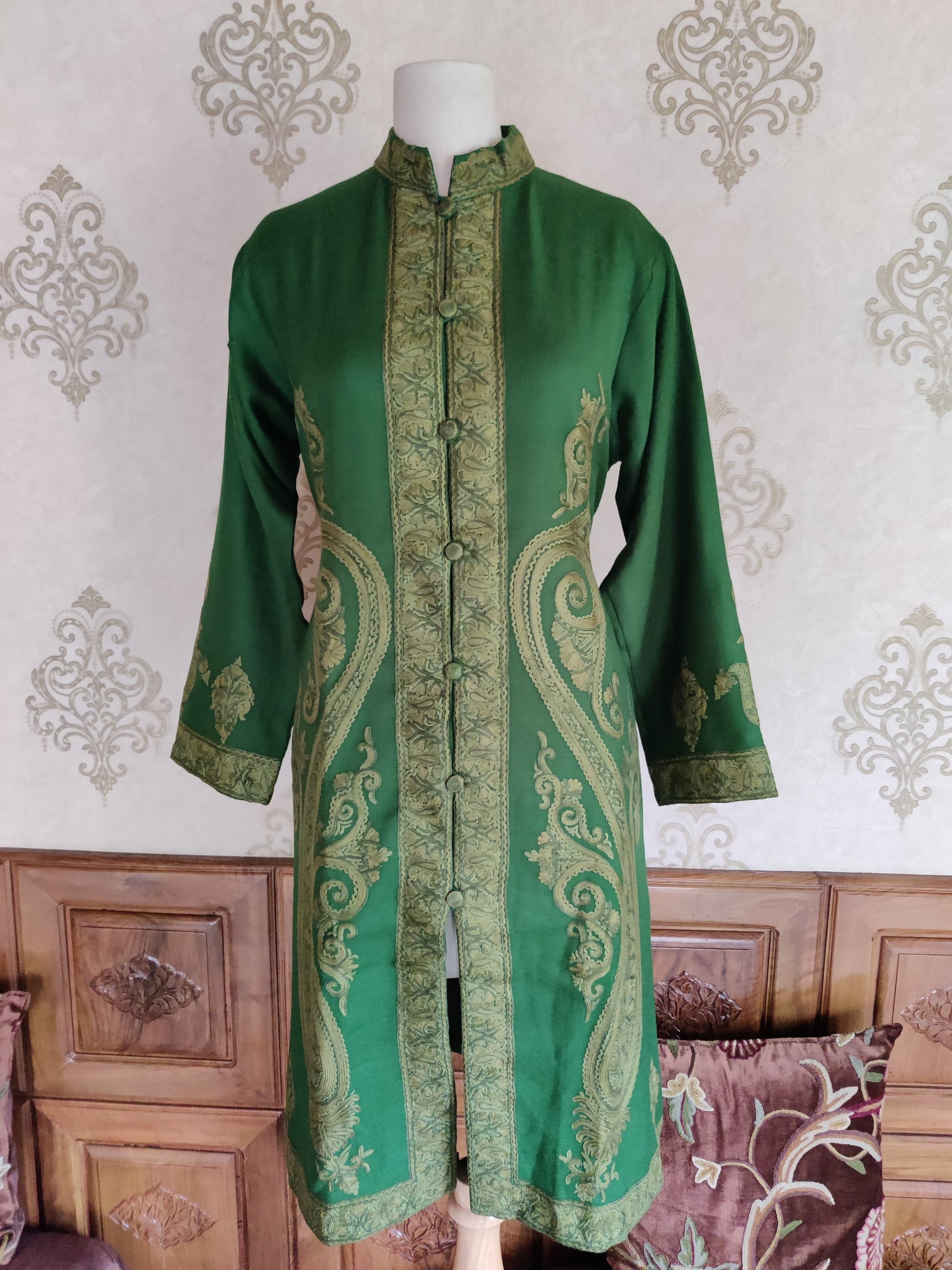 Hand Aari Kashmiri Jacket in Green - KashmKari