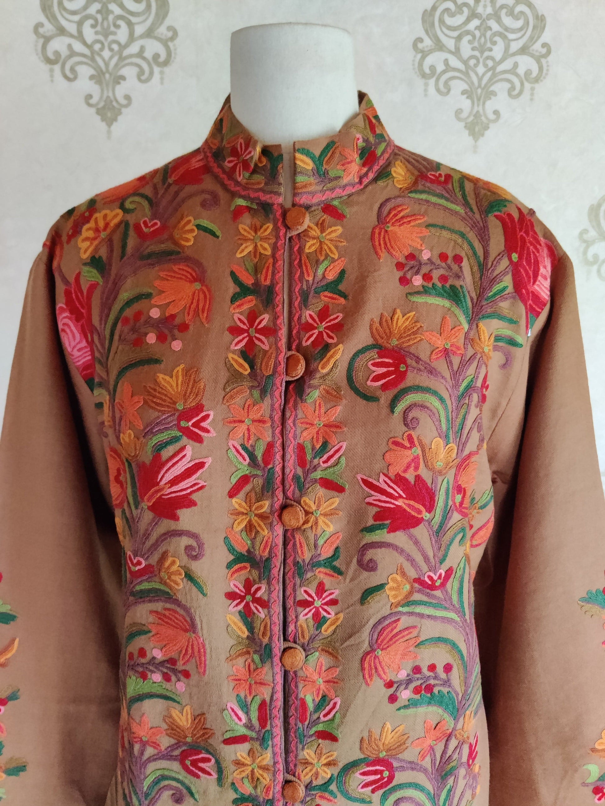 Hand Aari Embroidered Jacket in Earthy Brown - KashmKari