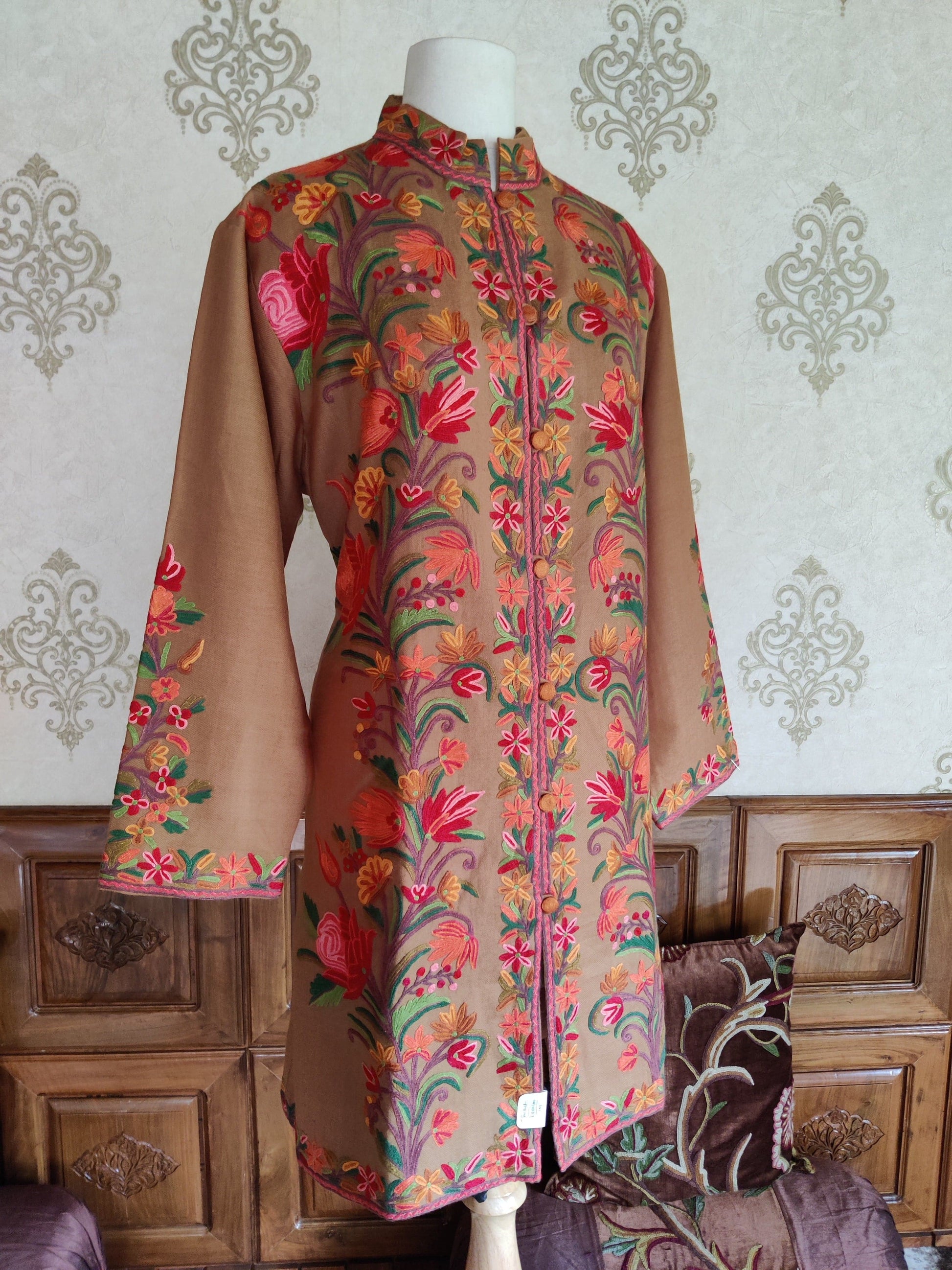 Hand Aari Embroidered Jacket in Earthy Brown - KashmKari