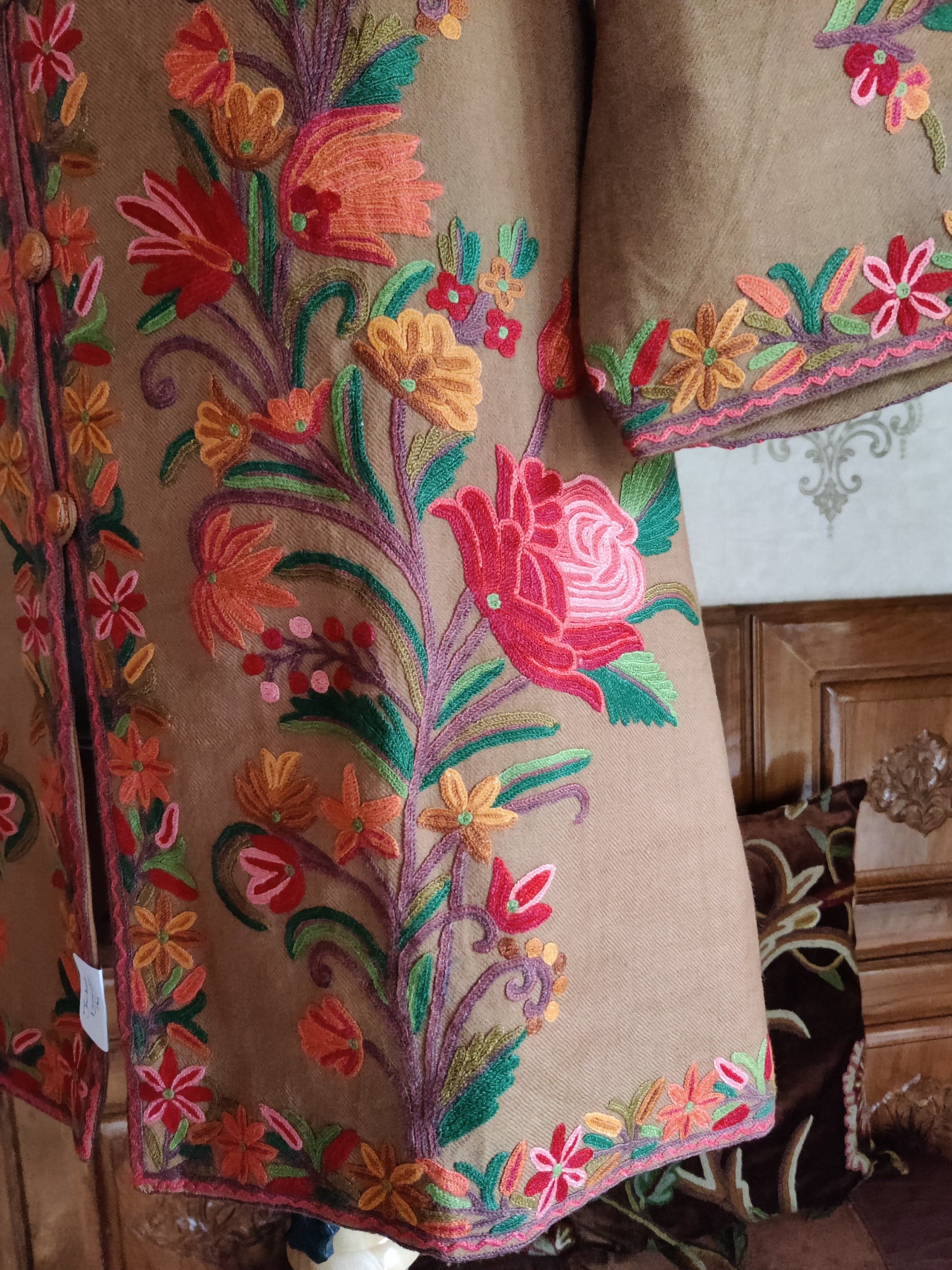 Hand Aari Embroidered Jacket in Earthy Brown - KashmKari