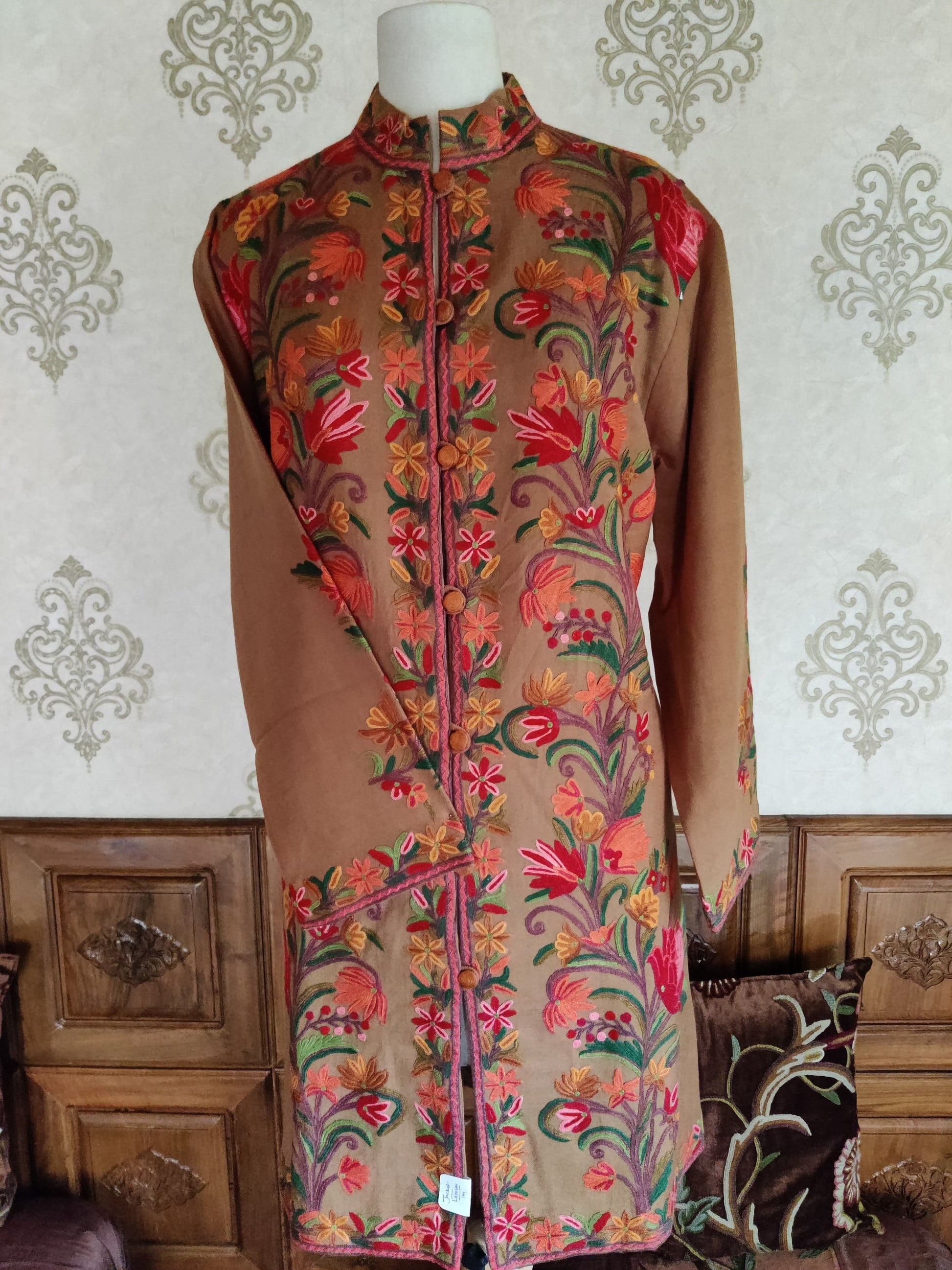 Hand Aari Embroidered Jacket in Earthy Brown - KashmKari